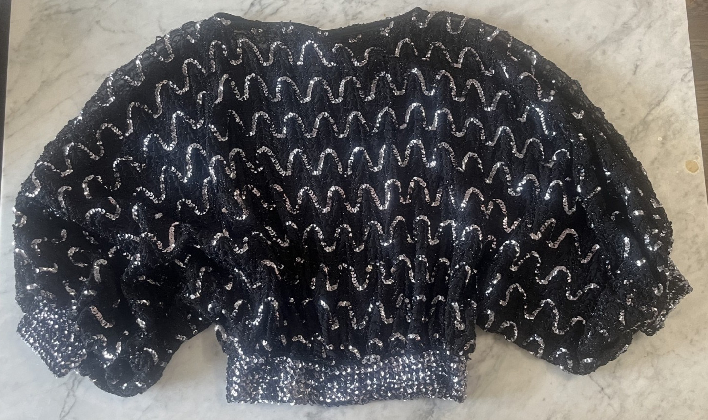 Vintage St. Martin 80s Cropped Top Black Sequin Blouse Bell Sleeve Peek S/M