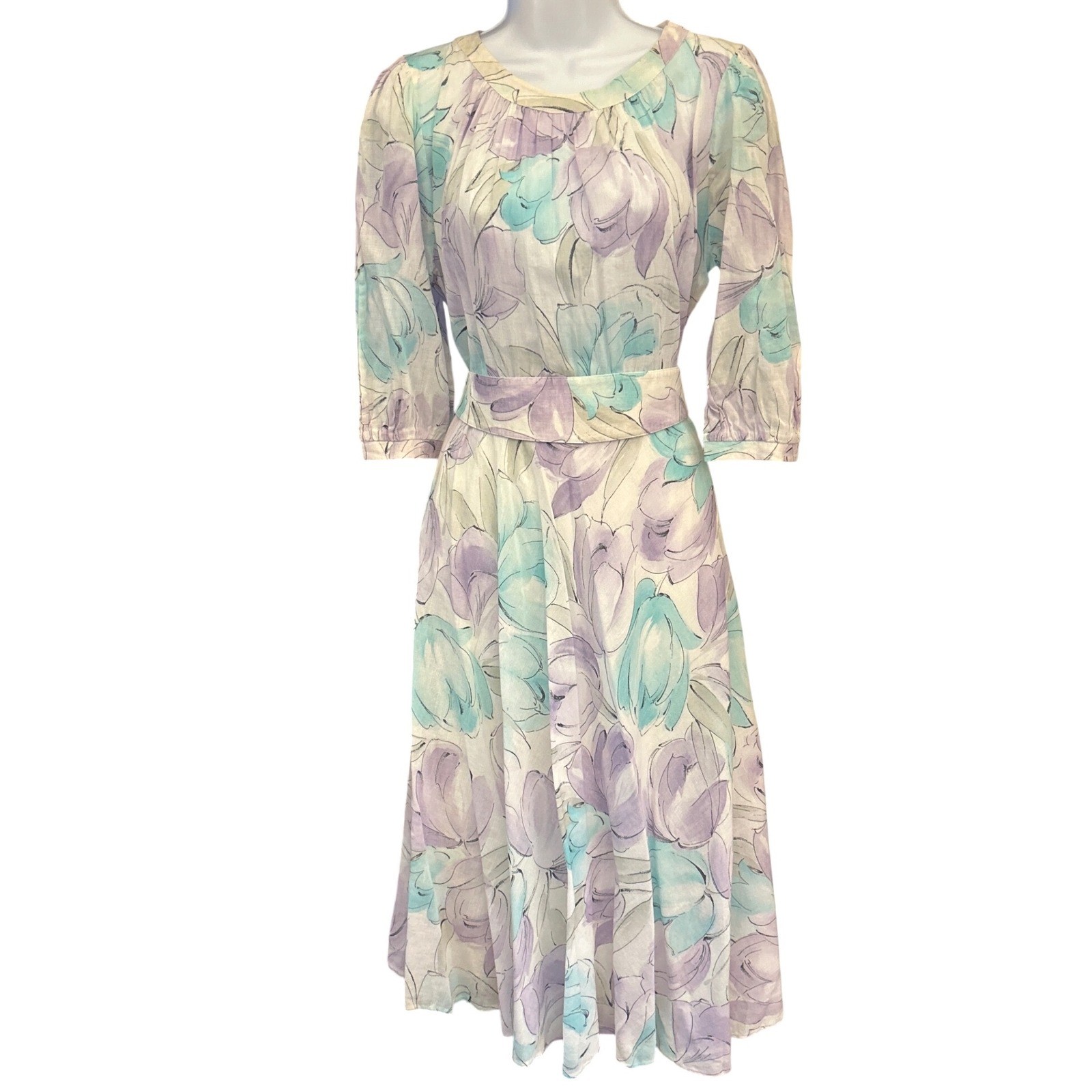 80s Peter Hahn Cotton Midi Dress Watercolor Floral Cottagecore Romantic Garden