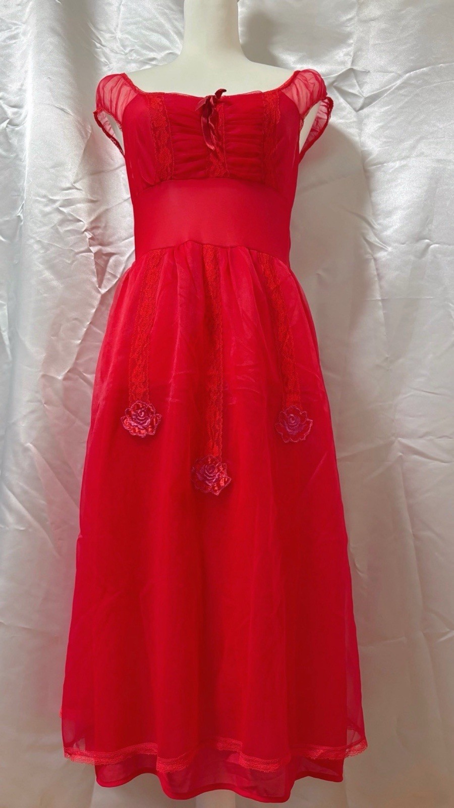 Vintage 70s Ma Cherie Lace Sheer Nightgown Lingerie Dress Empire Waist Bow Rose