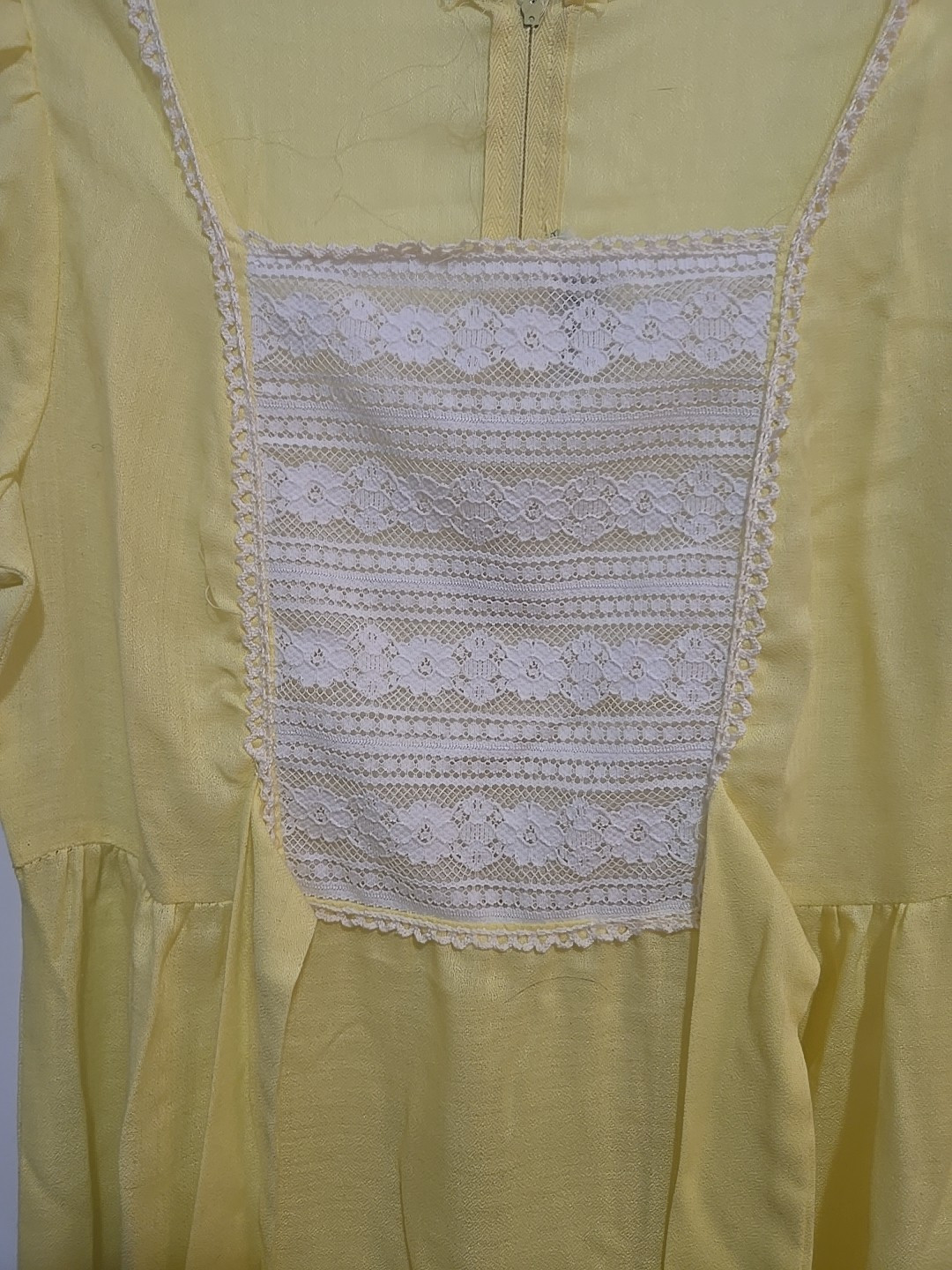 Connie Sage Women’s Vintage Dress Short Sleeve Lace Details Yellow Tie Zipper