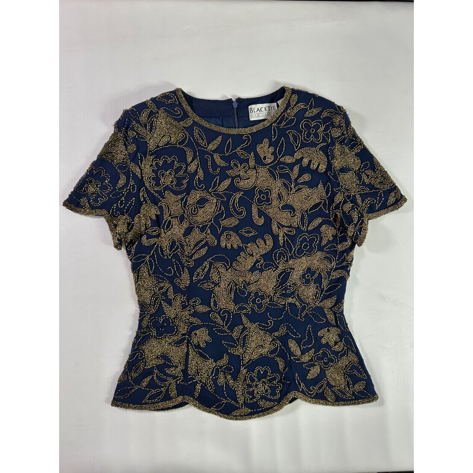Black Tie Oleg Cassini Sz M Vintage Beaded Silk Peplum Top Gold Floral Blouse
