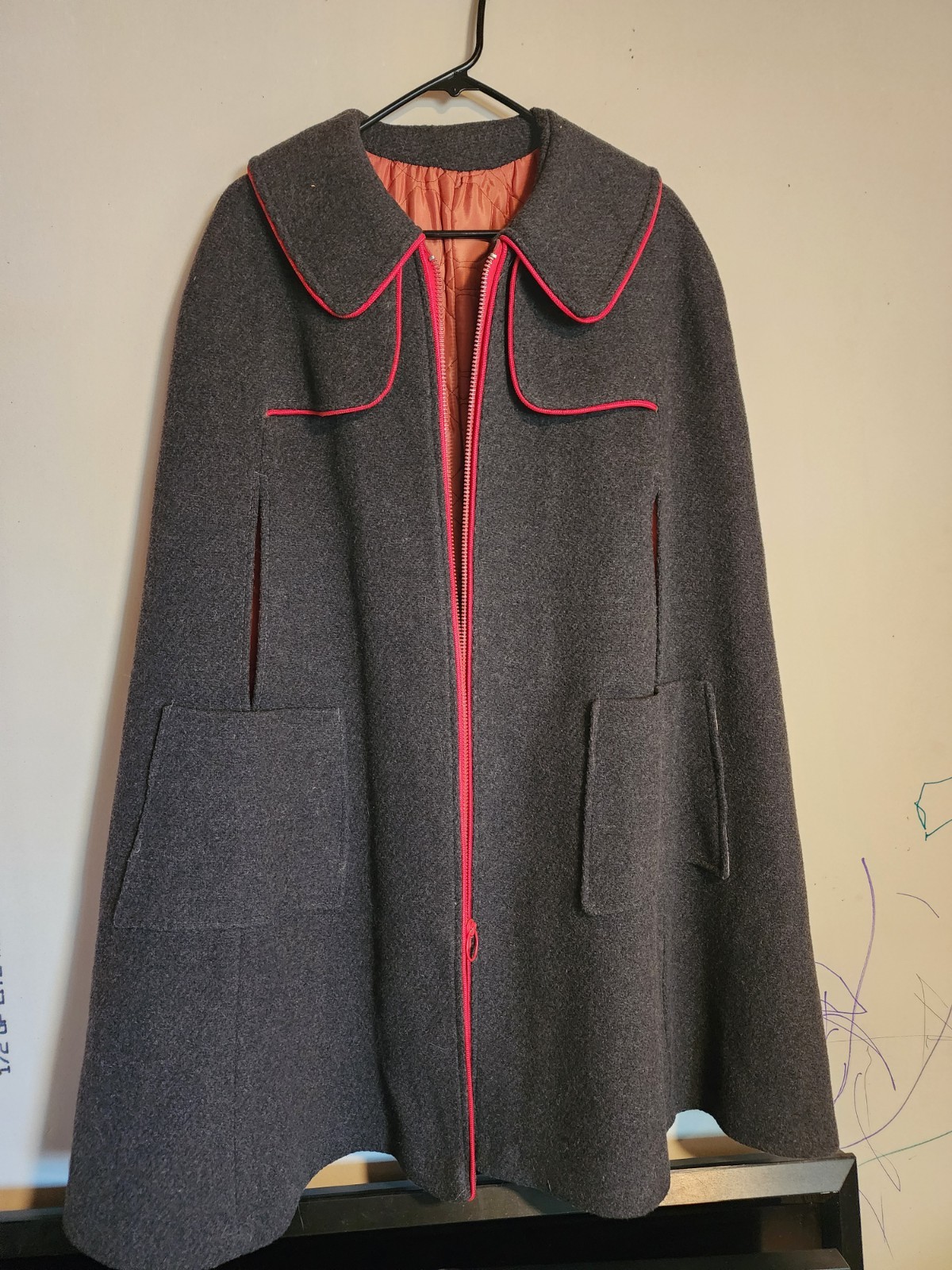 Vintage 70s Young Looks Mod Wool Coat Charcoal Grey Red Leather Piping Cashin…