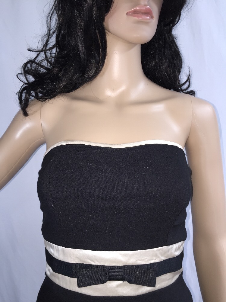 Vintage 90s BCX Strapless Party Dress Juniors Size 5 Black Ivory Satin Trim Bow