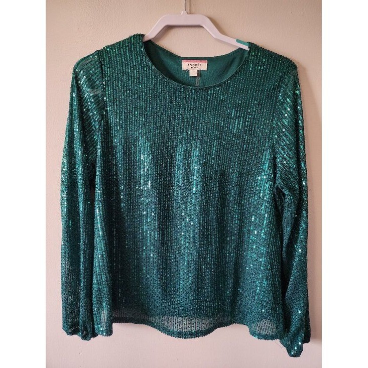 Andrée by Unit Blouse Emerald Green Sequin Long-Sleeve Party Top Size L