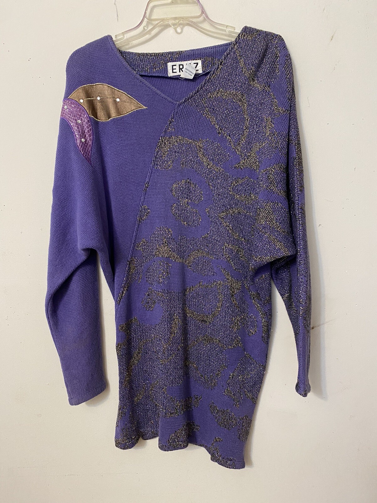 VINTAGE 90’s TUNIC SWEATER HIP MOD RETRO ROCKER SLIMMING LEATHER ACCENTS M COOL!