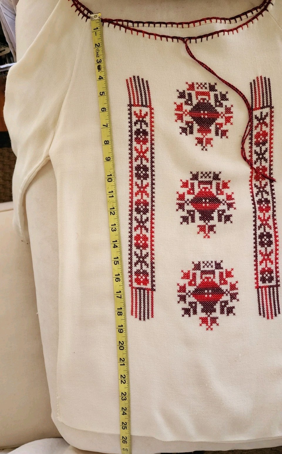 Mid-Century Vintage Handmade Peasant Blouse linen/flax Embroidered M/L
