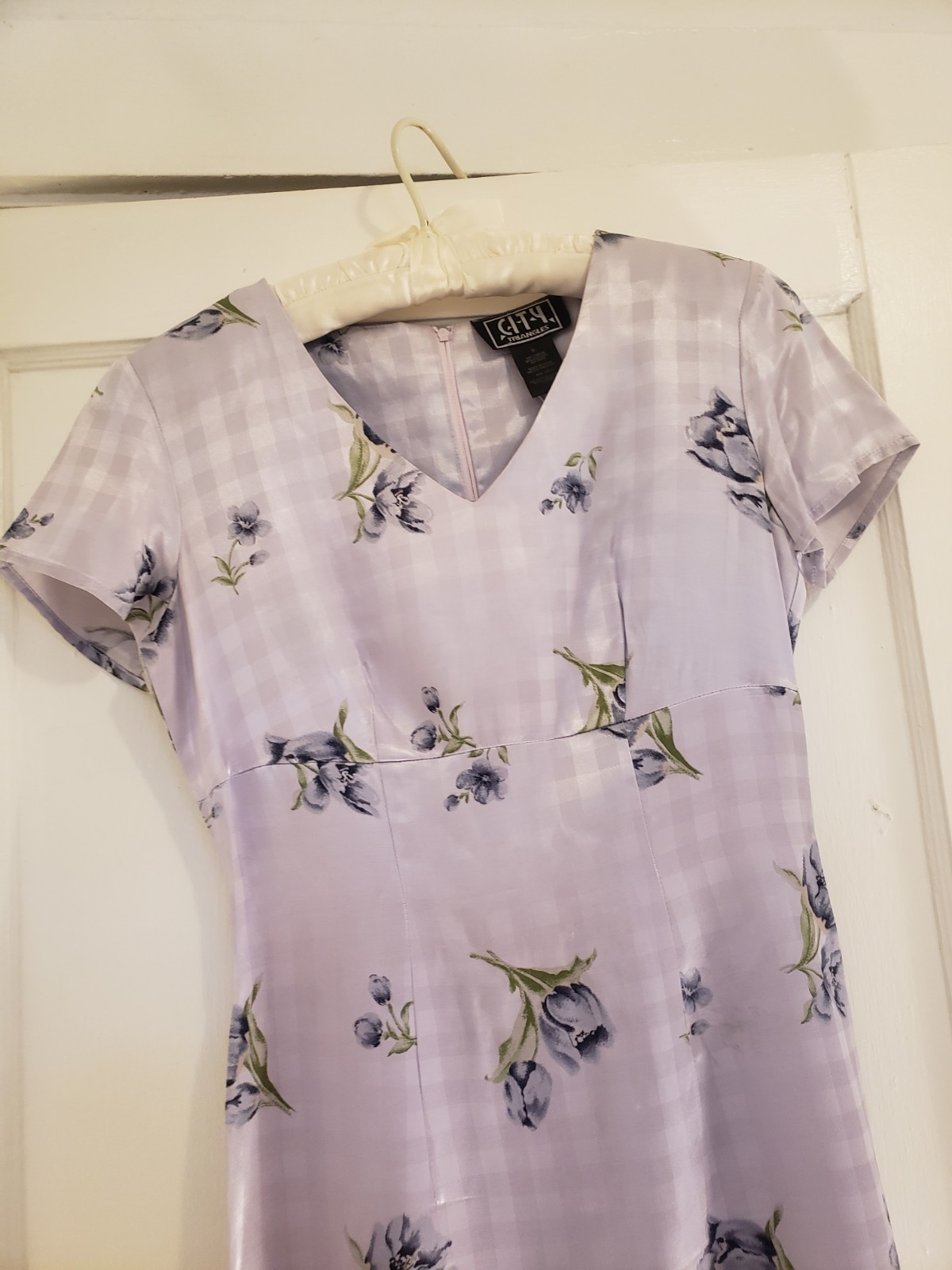 Vtg 90s Y2k City Triangles Sz 5 M Satin Floral Spring Dress Lavendar