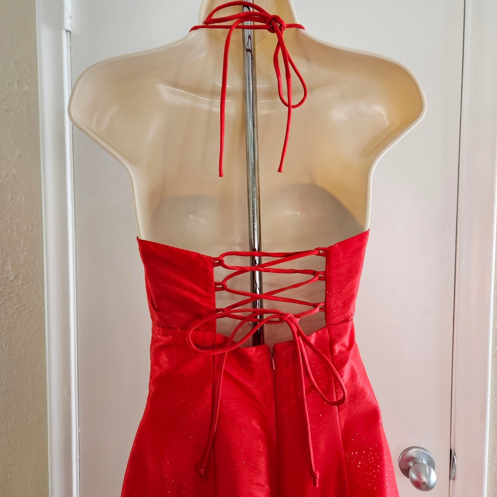 Zum Zum Niki Livas Y2K Red Shimmer Halter Gown XS/S Corset Lace Up Back Dress
