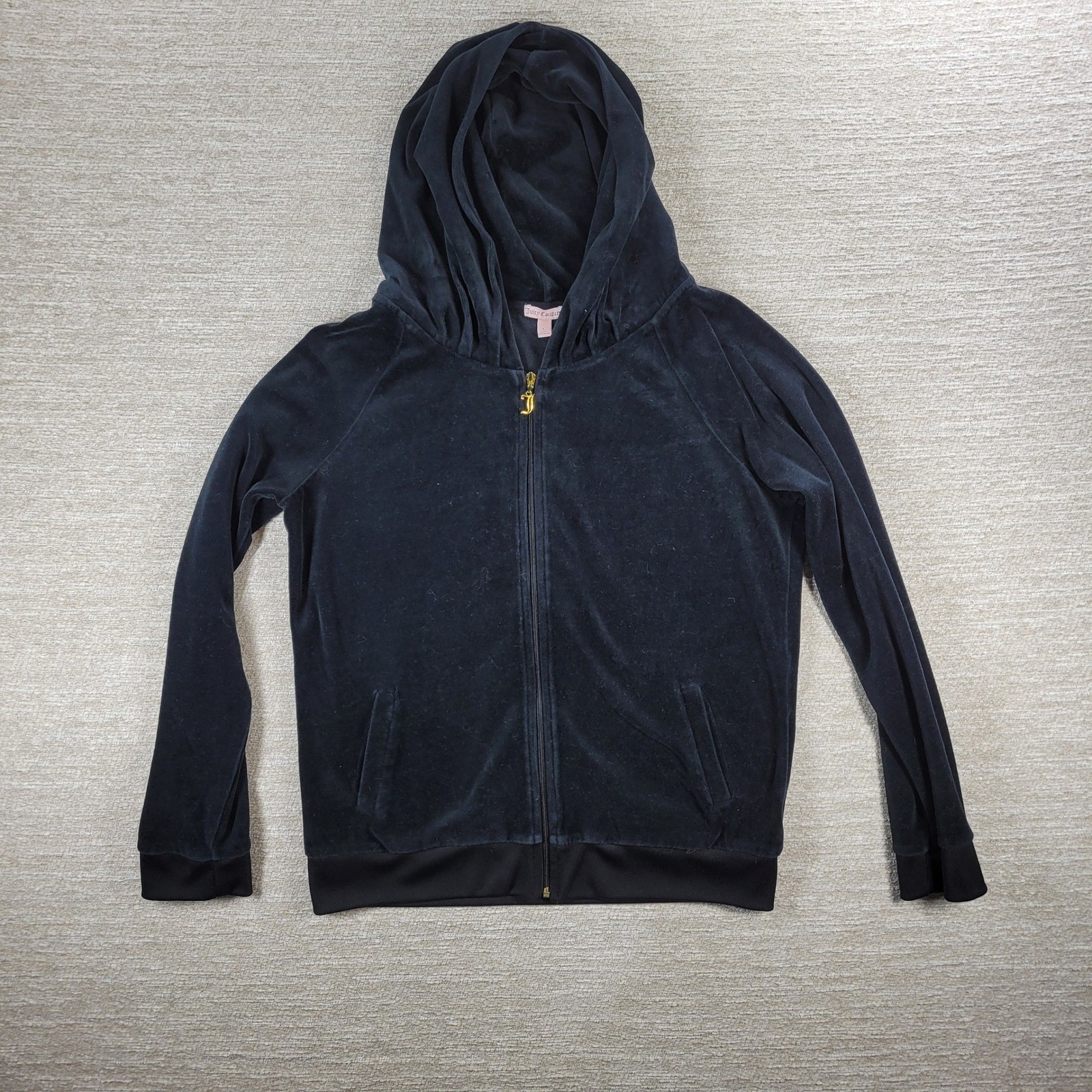 VTG Juicy Couture Velour Track Suit L Black Gold Bling Y2K Low Rise Hoodie Cozy