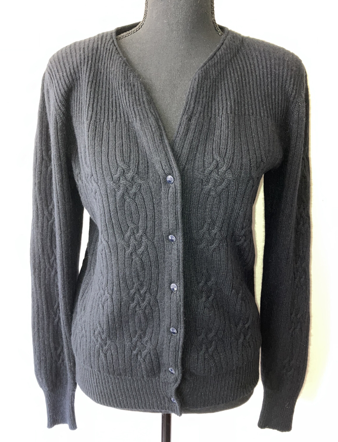 Vintage ’80s David Hollis Black Angora Blend Cable Rib Knit Cardigan Sweater S/M