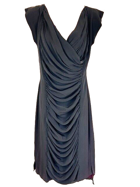 Lilli Diamond Vtg Dress 50s Black Draped Panel Front Criss Cross V Neck Svless