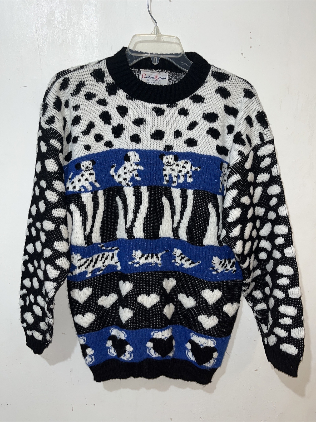 Vtg 80s Sweater Womens Large Black White Blue Dogs Cats Bears Hearts Cottagecore