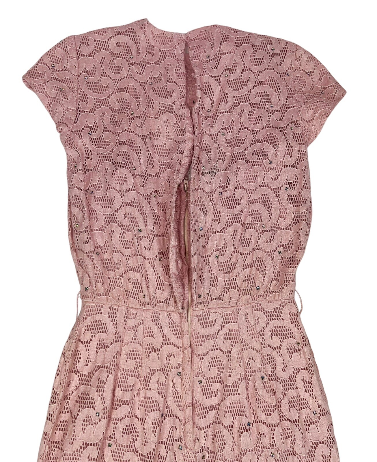 VTG 1950s PAUL SACHS RHINESTONE PINK LACE COCKTAIL WIGGLE DRESS ROCKABILLY GLAM