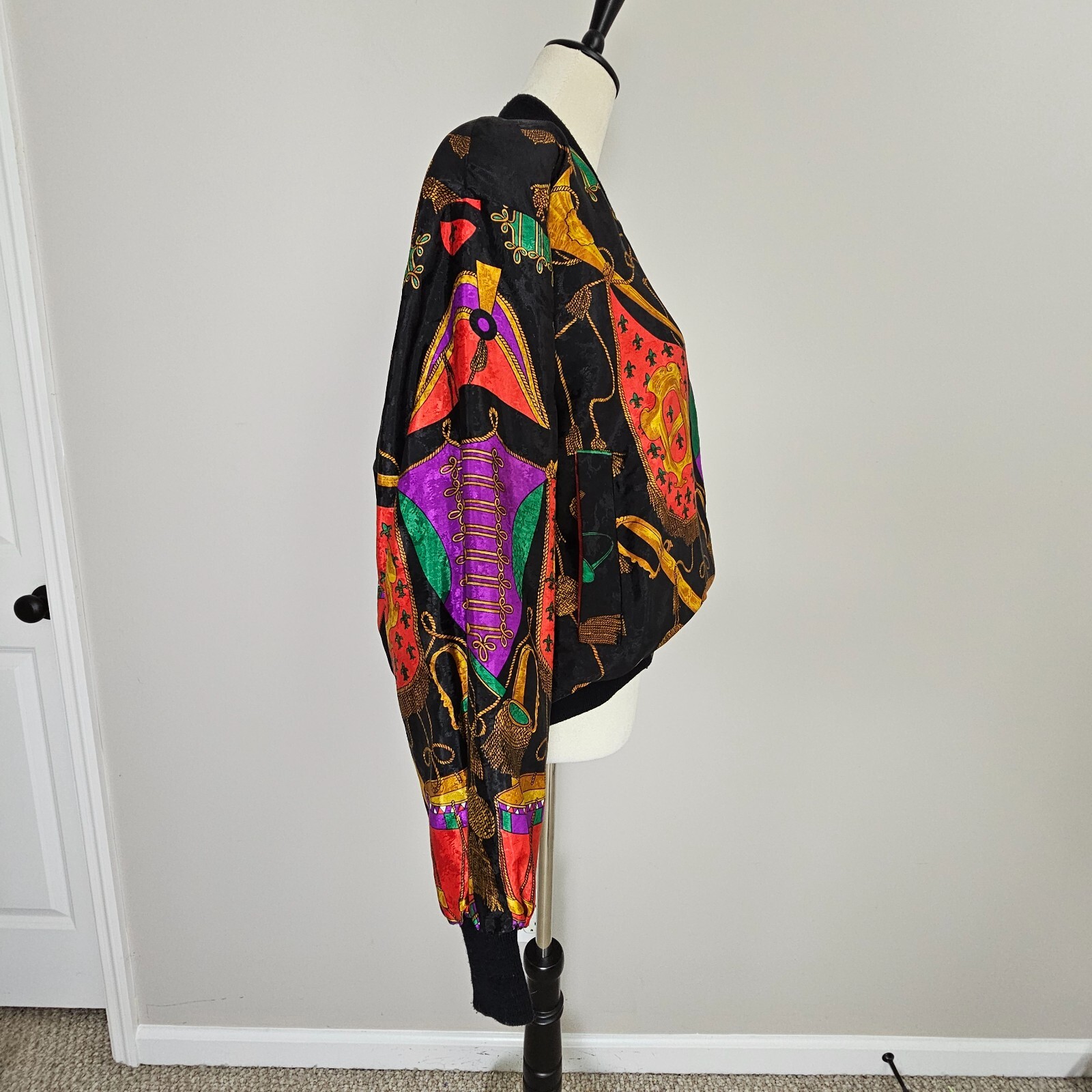 VTG Metro High Fashion Jacket Women L Colorful Full Zip Shoulder Pads Satiny Y2K