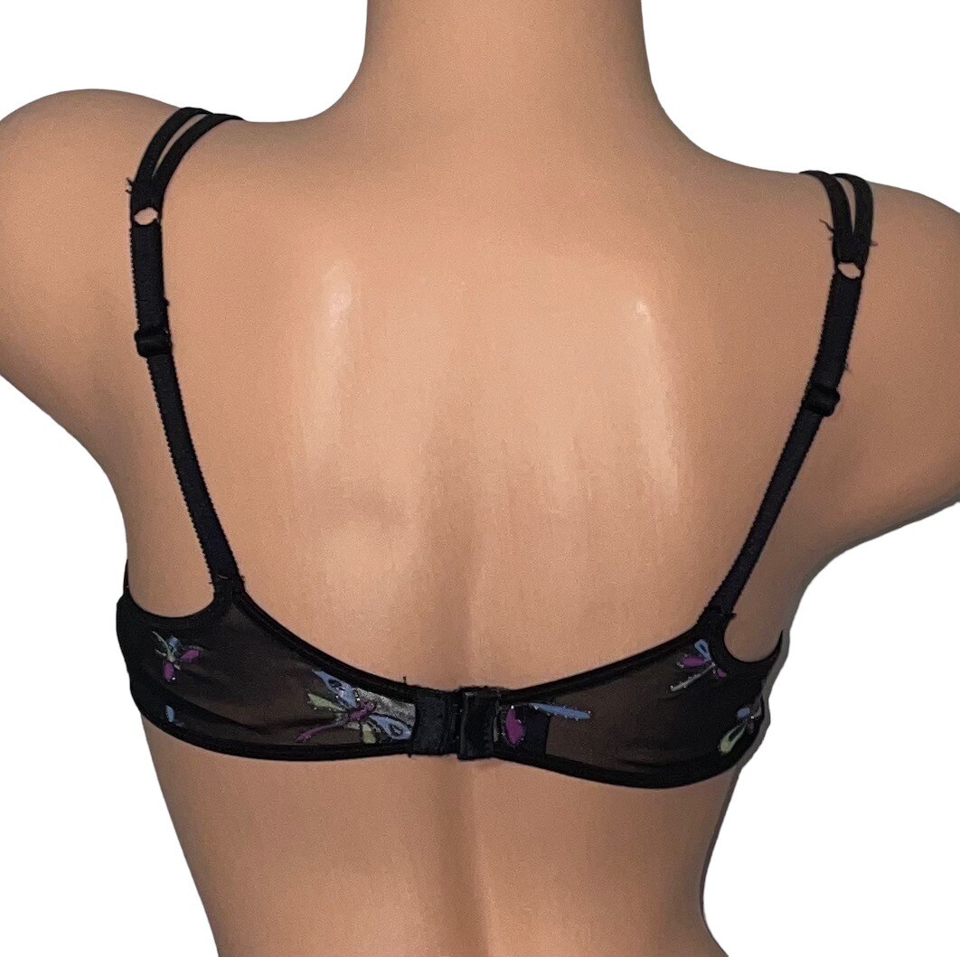 International Intimates Black Sheer Mesh Embroidery Dragonflies Lace Bra 34B/S