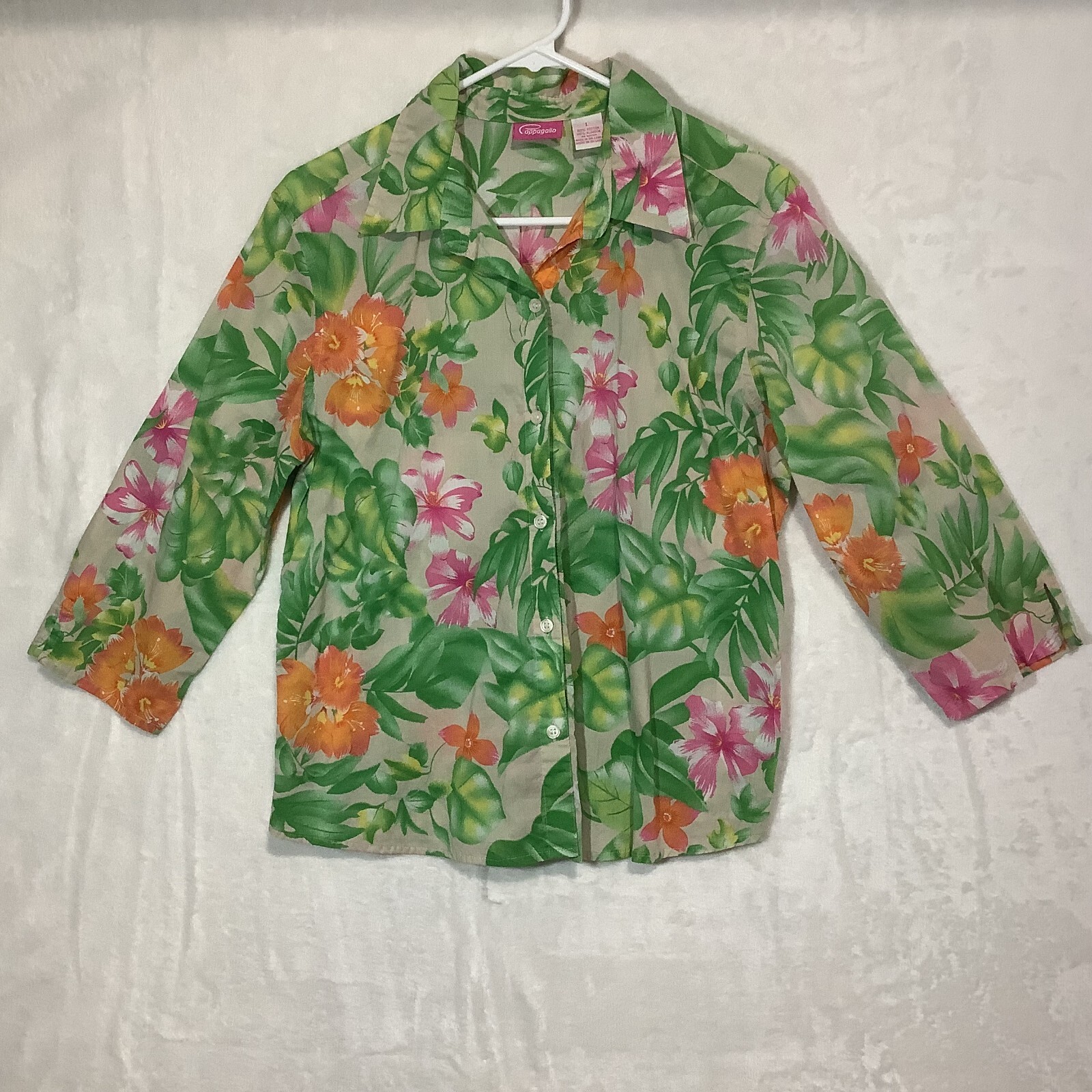 Womans Hawaiian shirt Button Up Green Floral Cappagallo Size Large Boho