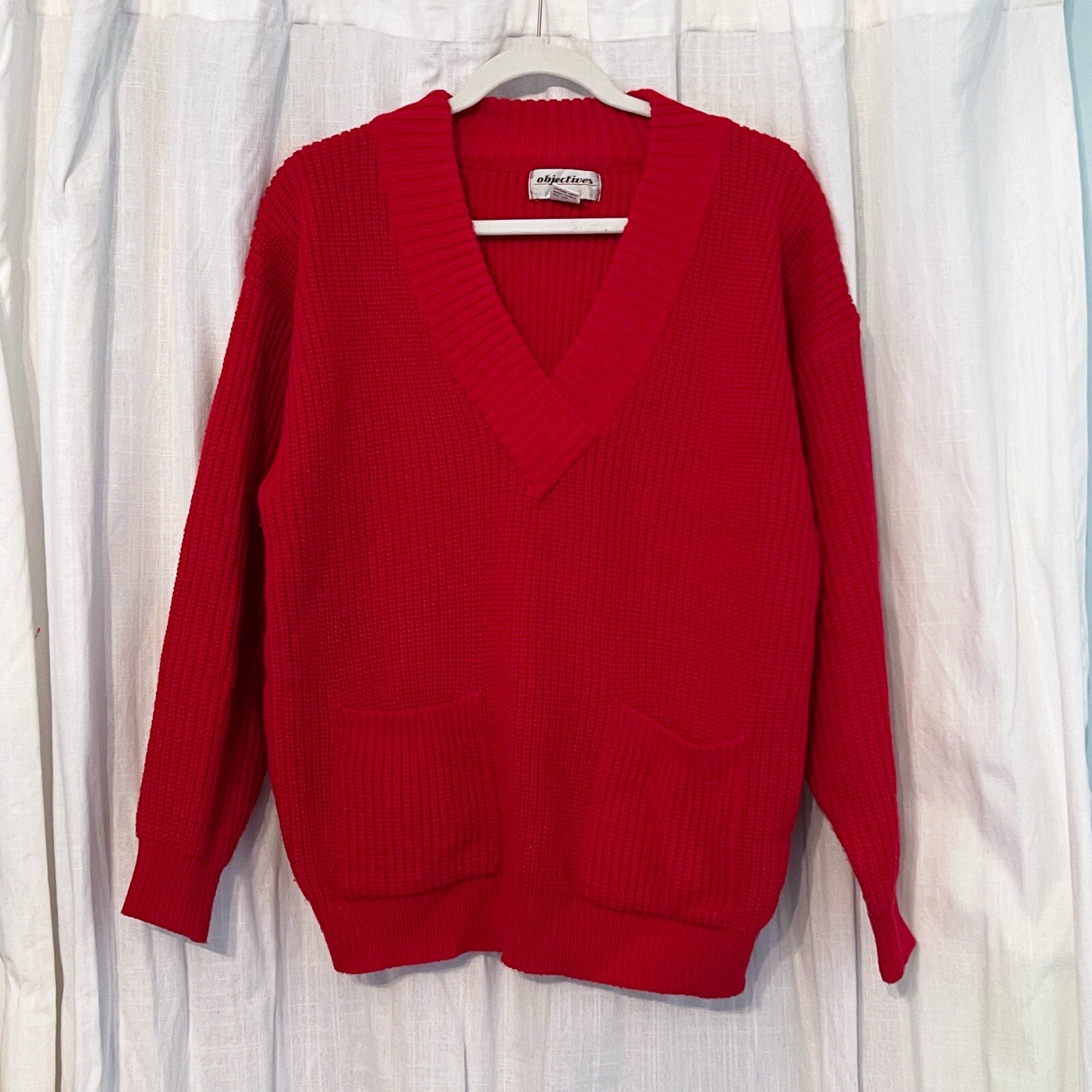 Objectives Vintage 80s Women’s SIZE LARGE L Red Pullover V-Neck Sweater Pockets