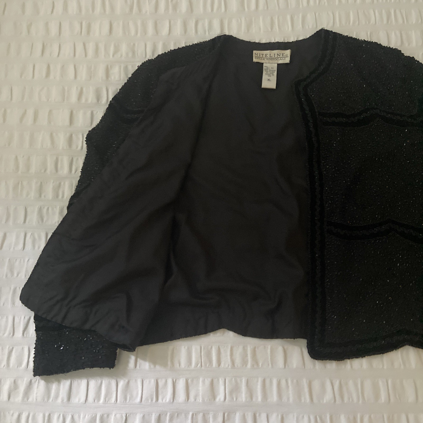 Jacket Vintage 80s NITELINE By Della Roufogali Black Beaded Sequin 100% Silk XL