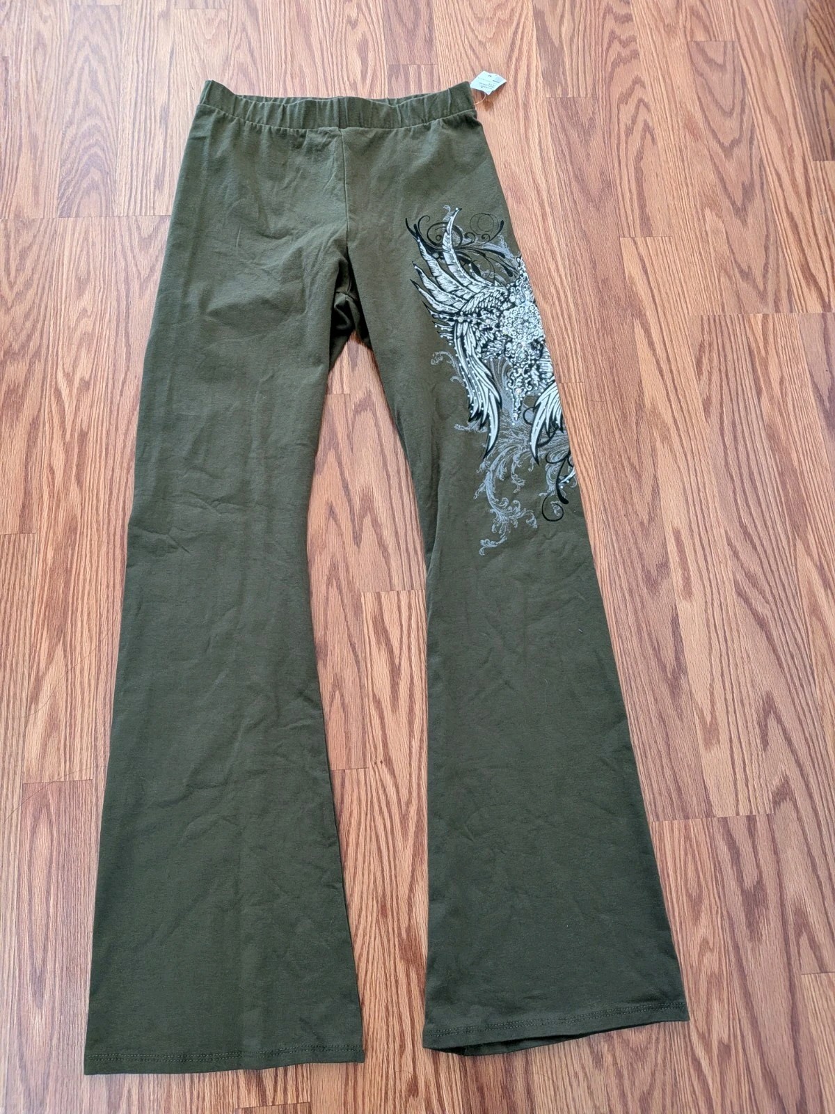 Vintage Y2K flare green stretch pants angel wings rhinestones gothic USA feather