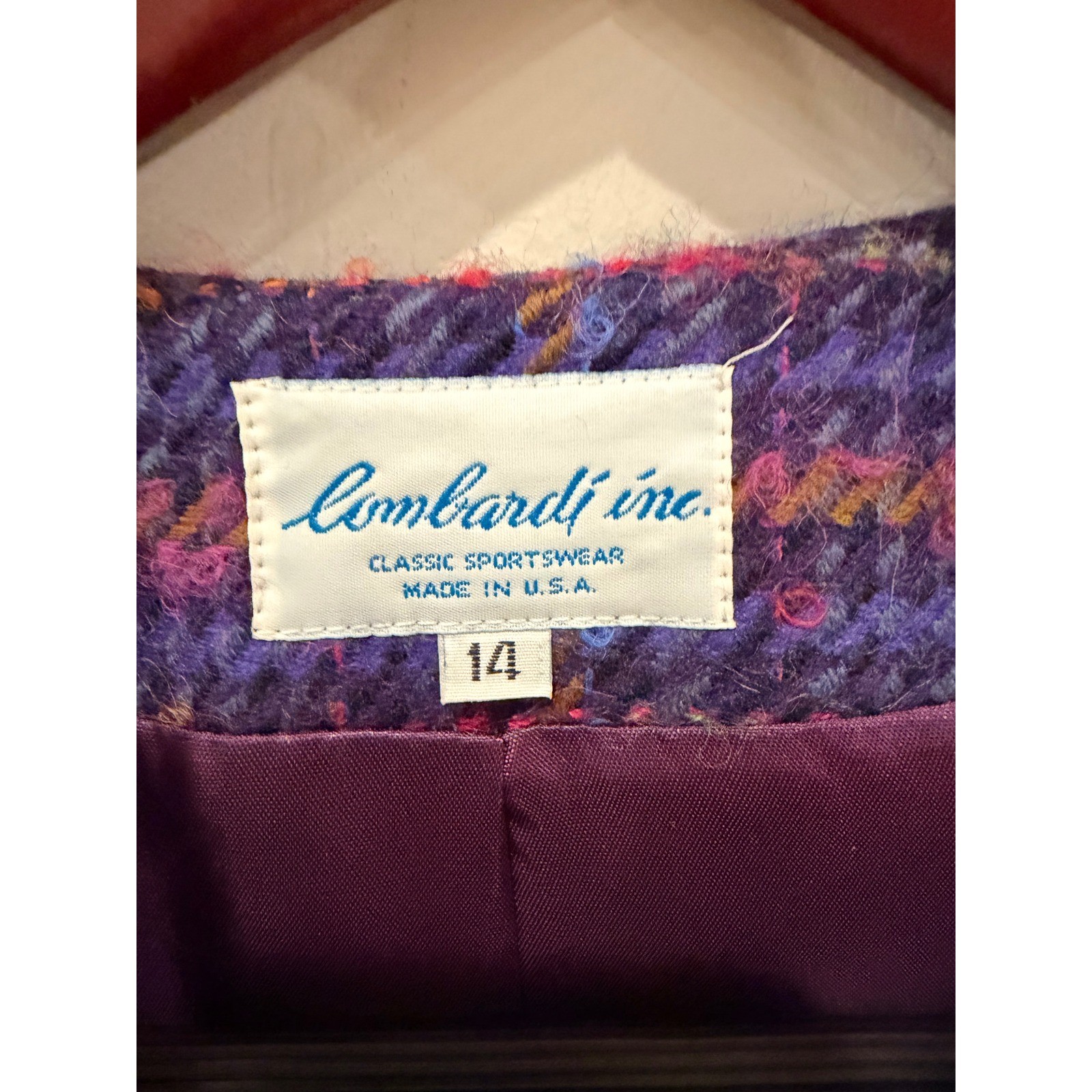 Lombardi Inc Vintage Purple Plaid Wool Cropped Jacket Fringe Button Up Size 14