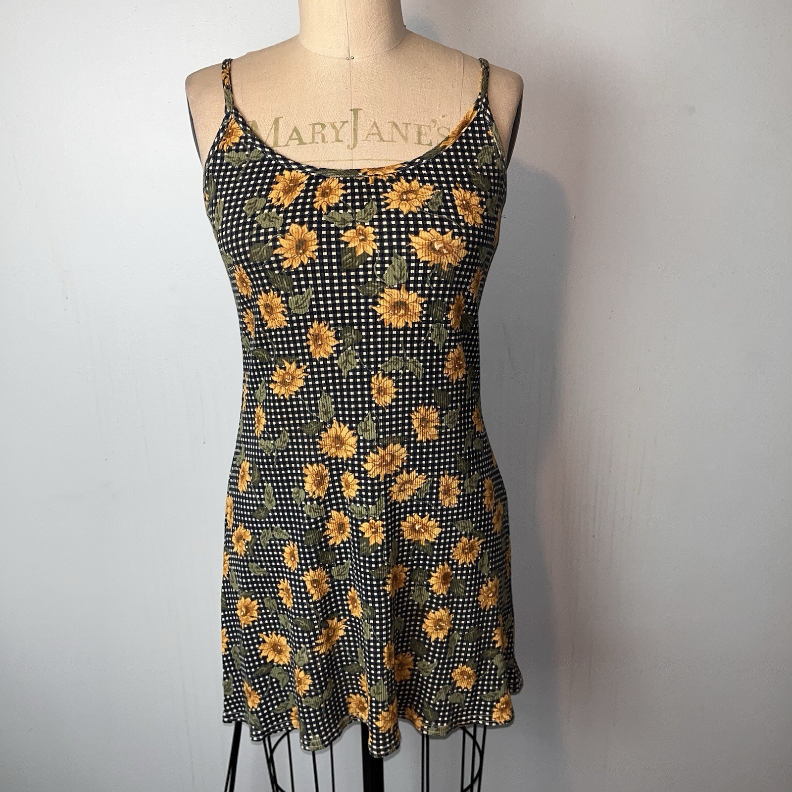 Vintage 90s Tickets Clothing Sunflower Gingham Grunge Dress Navy Cotton 3/4