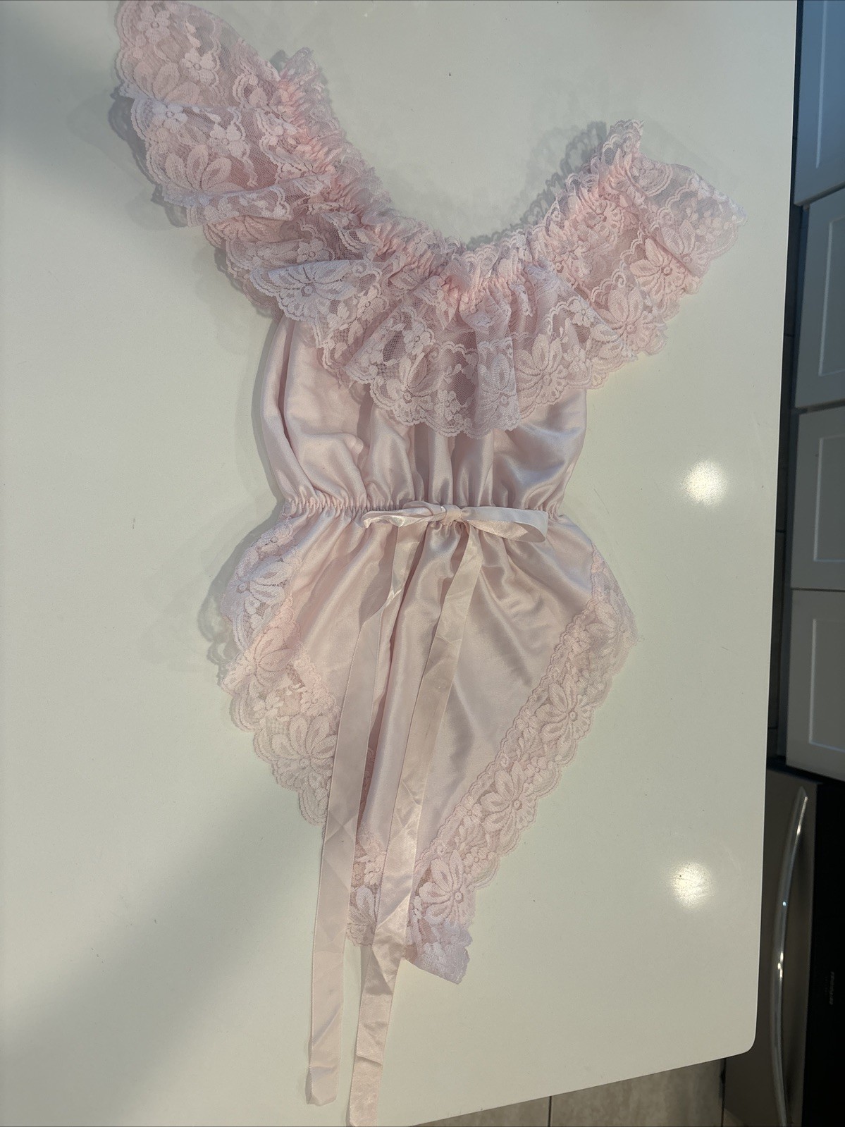Dolores Poirette Vintage ILGWU Pink Lace Teddy Romper Bodysuit Sz Small