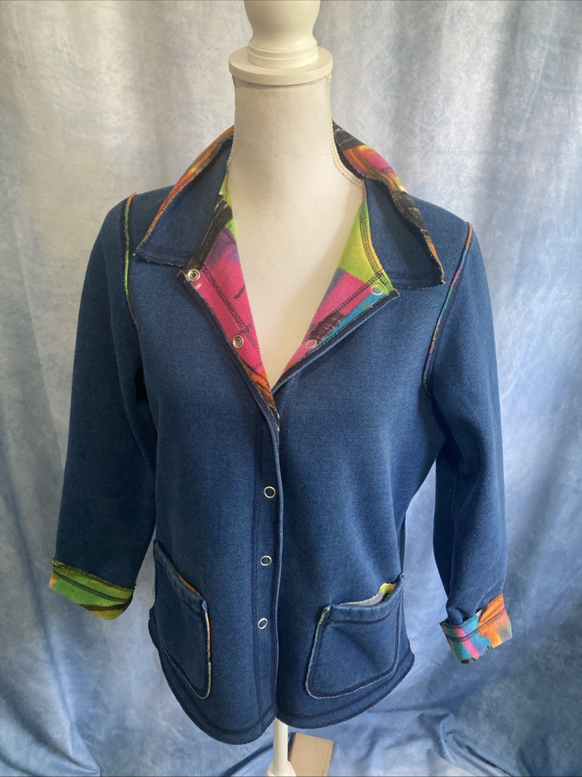 VTG 80s 90s Blast Fleece Jacket Petite S Blue Neon Colorblock Snap Front Collar