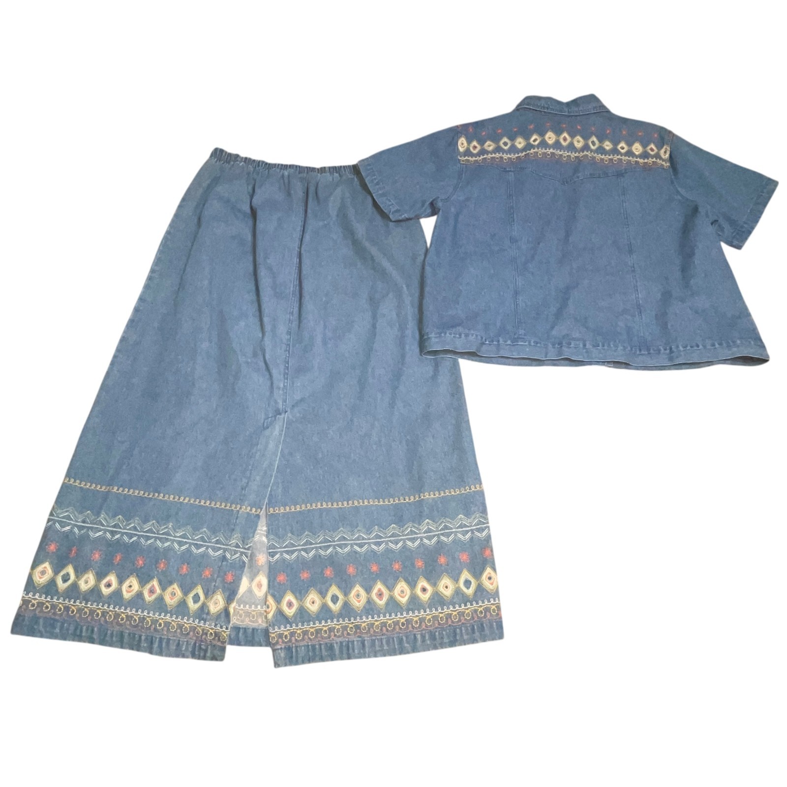 Denim & Co. VTG Modest Denim Skirt Jacket Outfit Set 1X Grannycore Embroidered