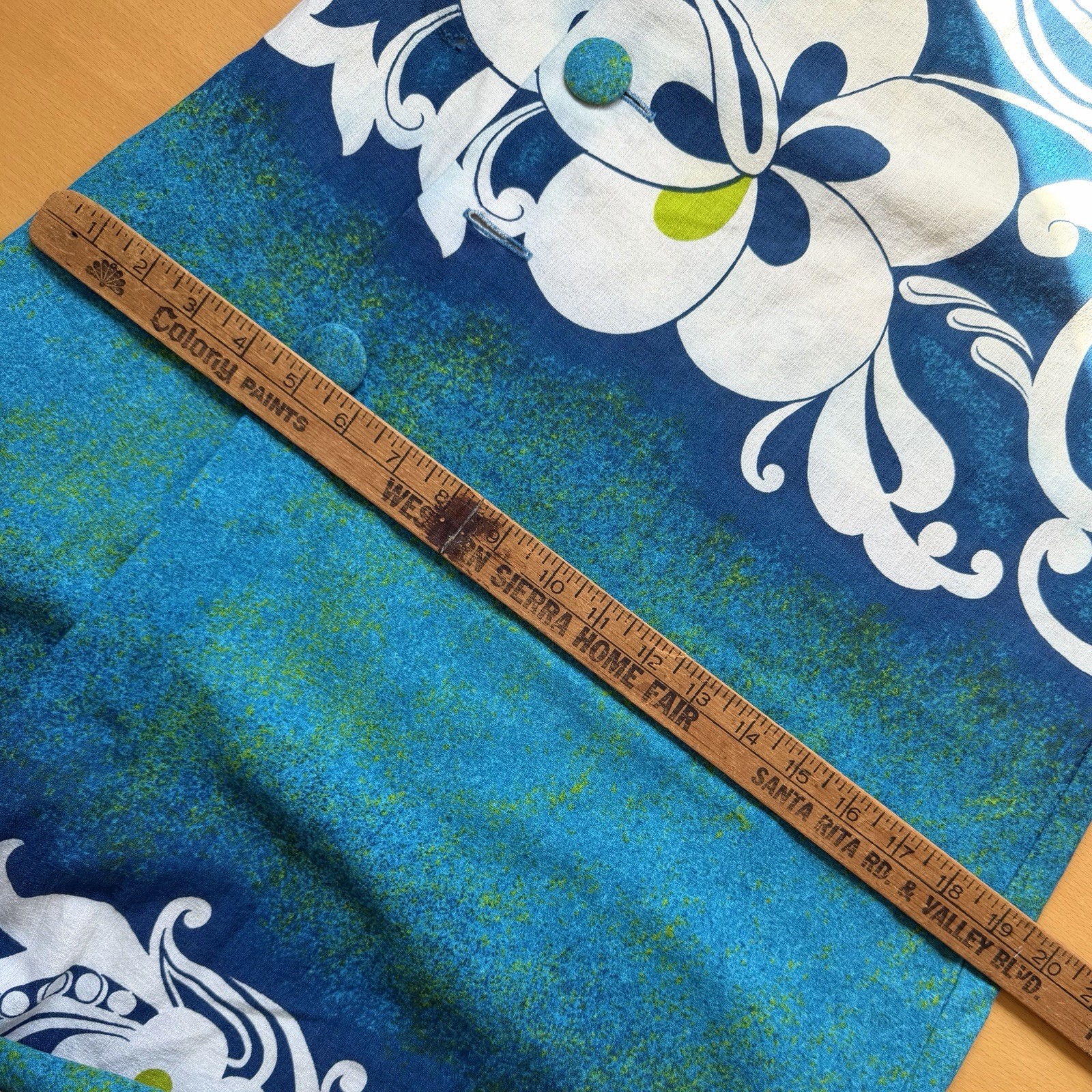 Malihini Vintage Barkcloth Dress Small Blue Sleeveless Hawaiian Floral Buttons