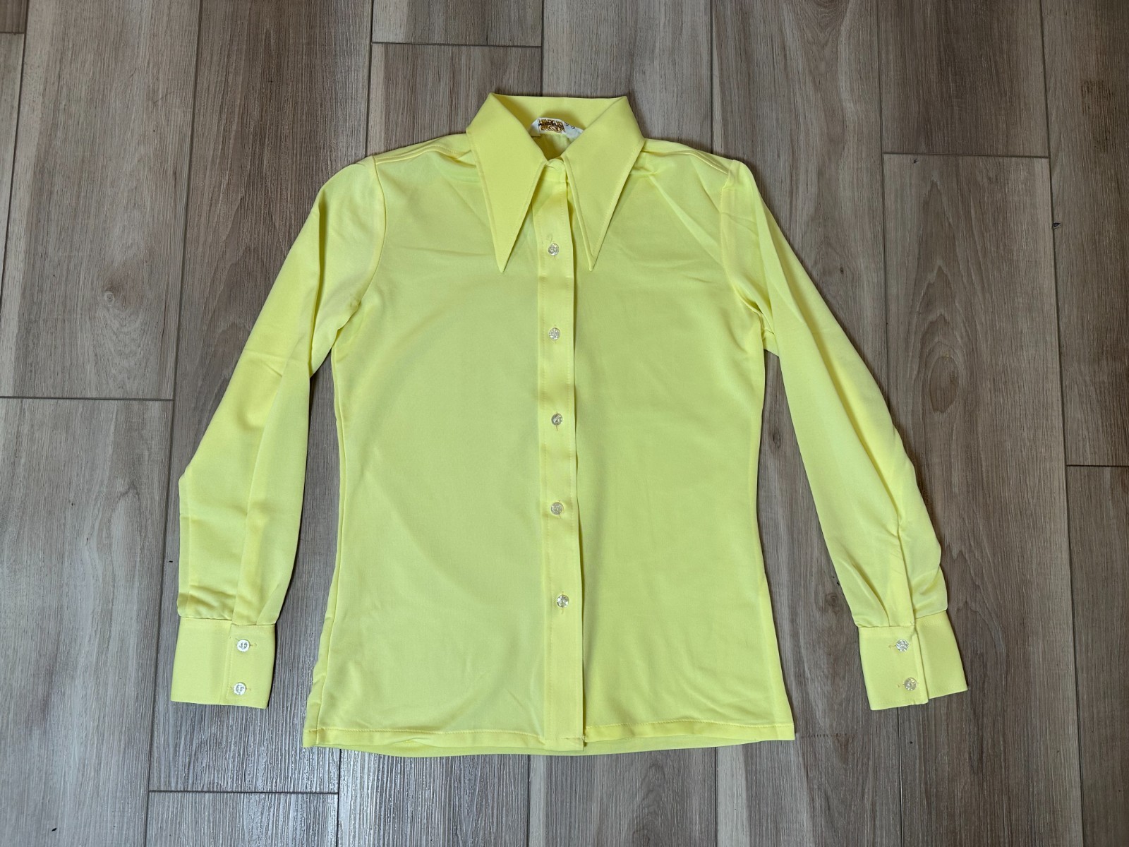 Vintage 70s Yellow Polyester Knit Disco Blouse Dagger Collar Hong Kong Sz 10