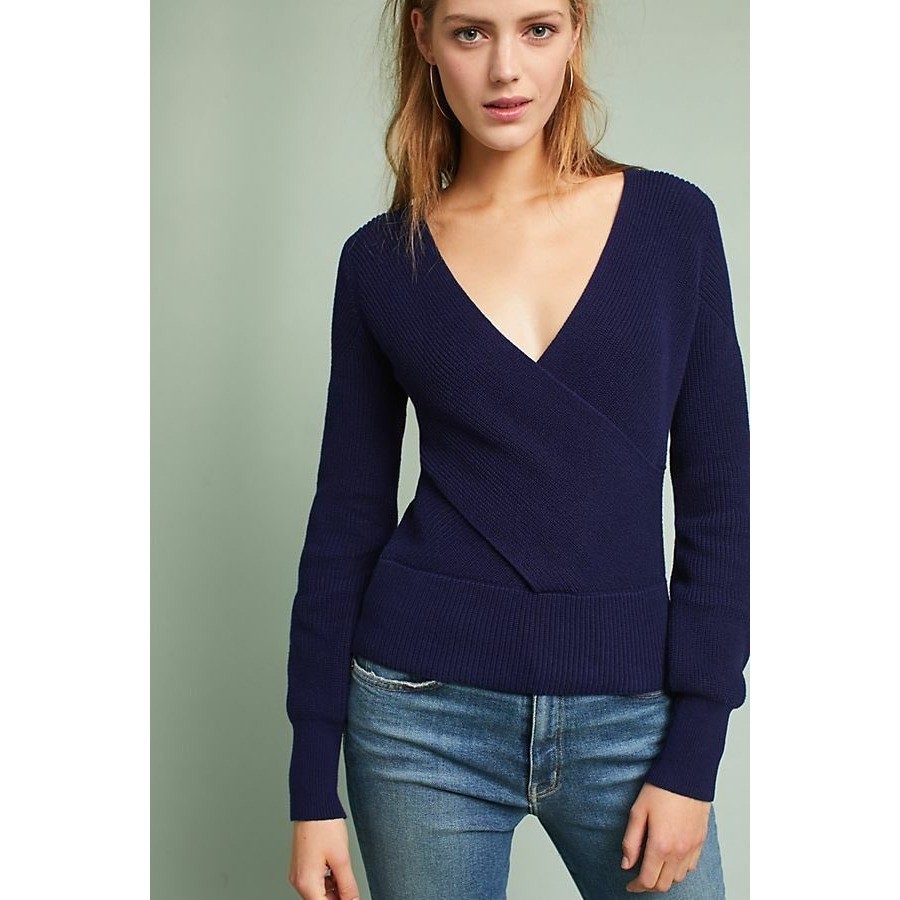 Anthropologie Moth Wrap V-Neck Cotton Sweater in Navy Size XS