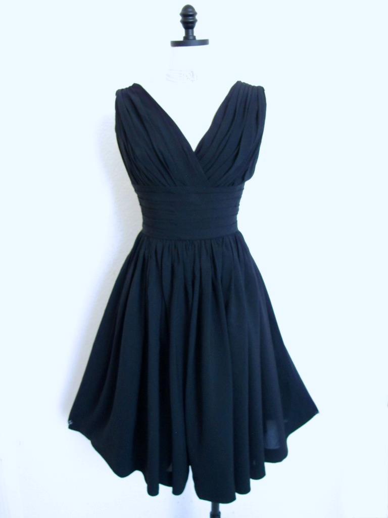 Vintage 50s Miss Elliette Black Cocktail Dress XS Bombshell Ruched Full Skirt