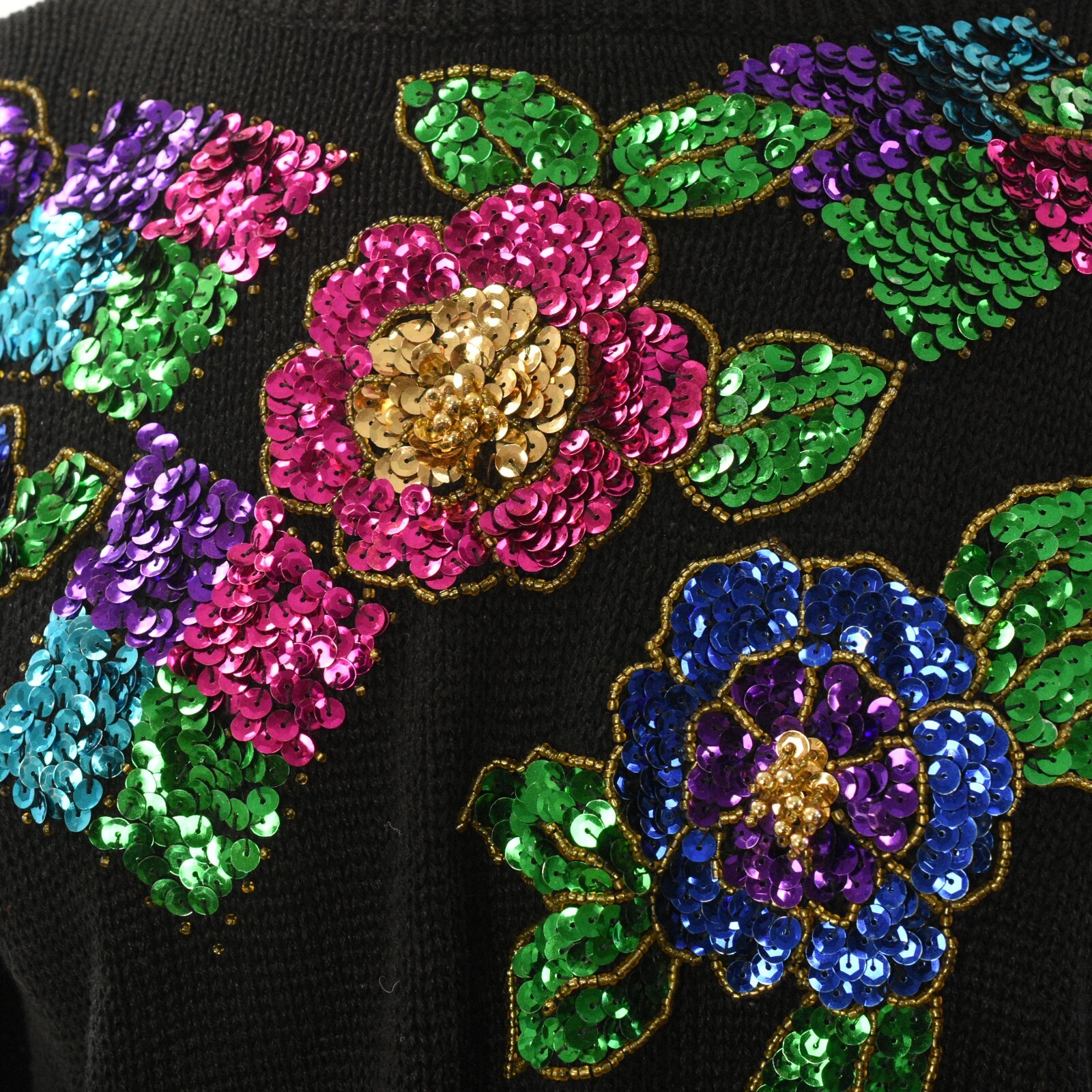90s Vintage Floral Sequin Sweater Womens M Black Green Boho Holiday Christmas