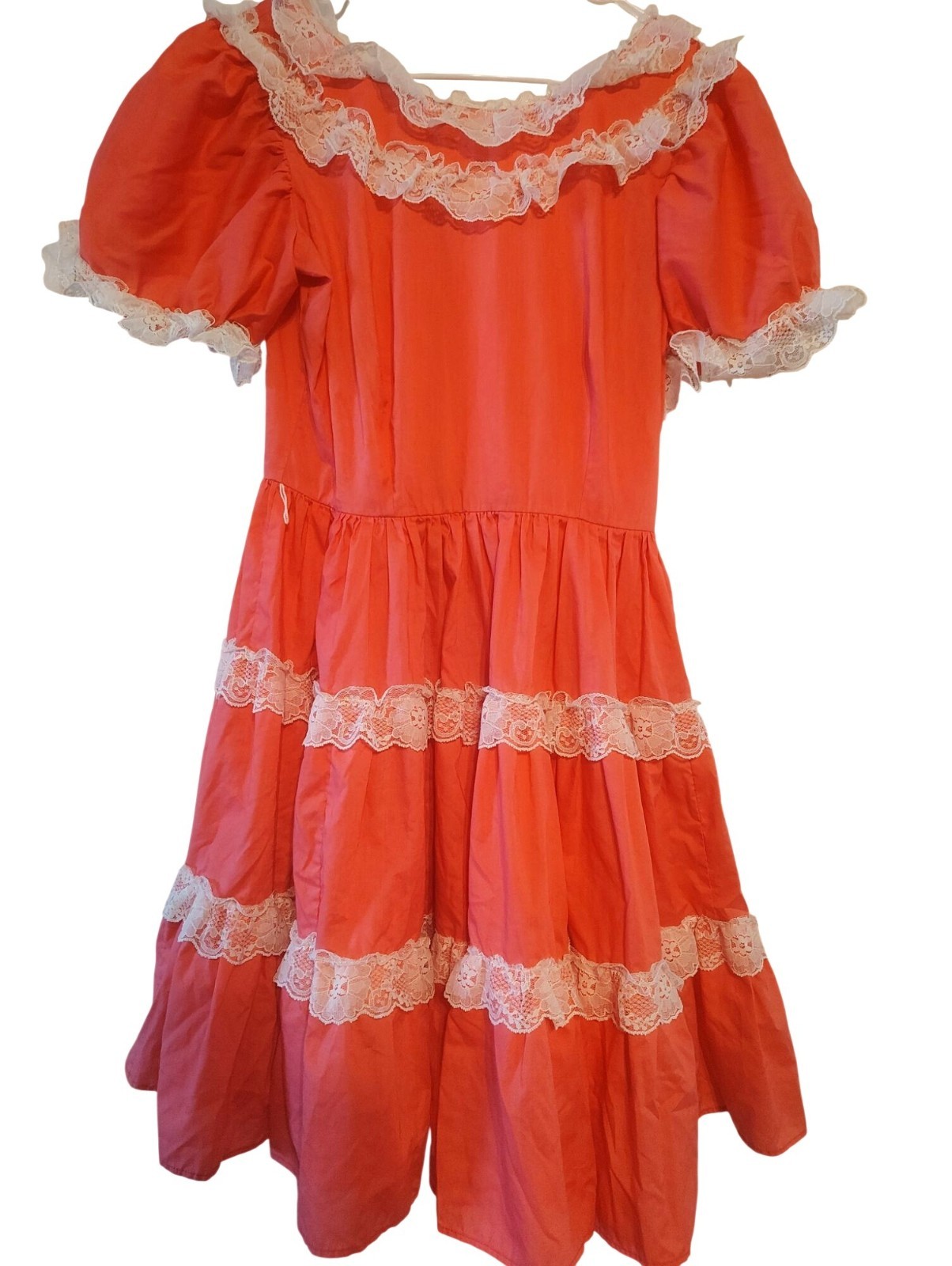 Vintage Pete Bettina Size 10 Salmon Pink Square Dancing Dress, White Lace