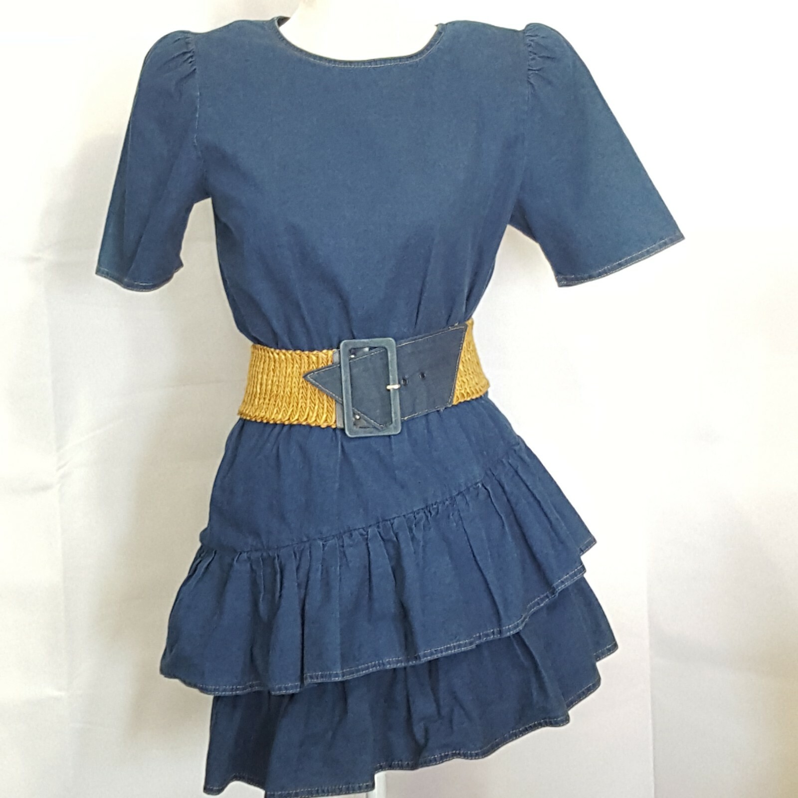 Go Vicki Denim Dress Size M Jute Belt Cottage Core Ruffled Tier Vintage 80s