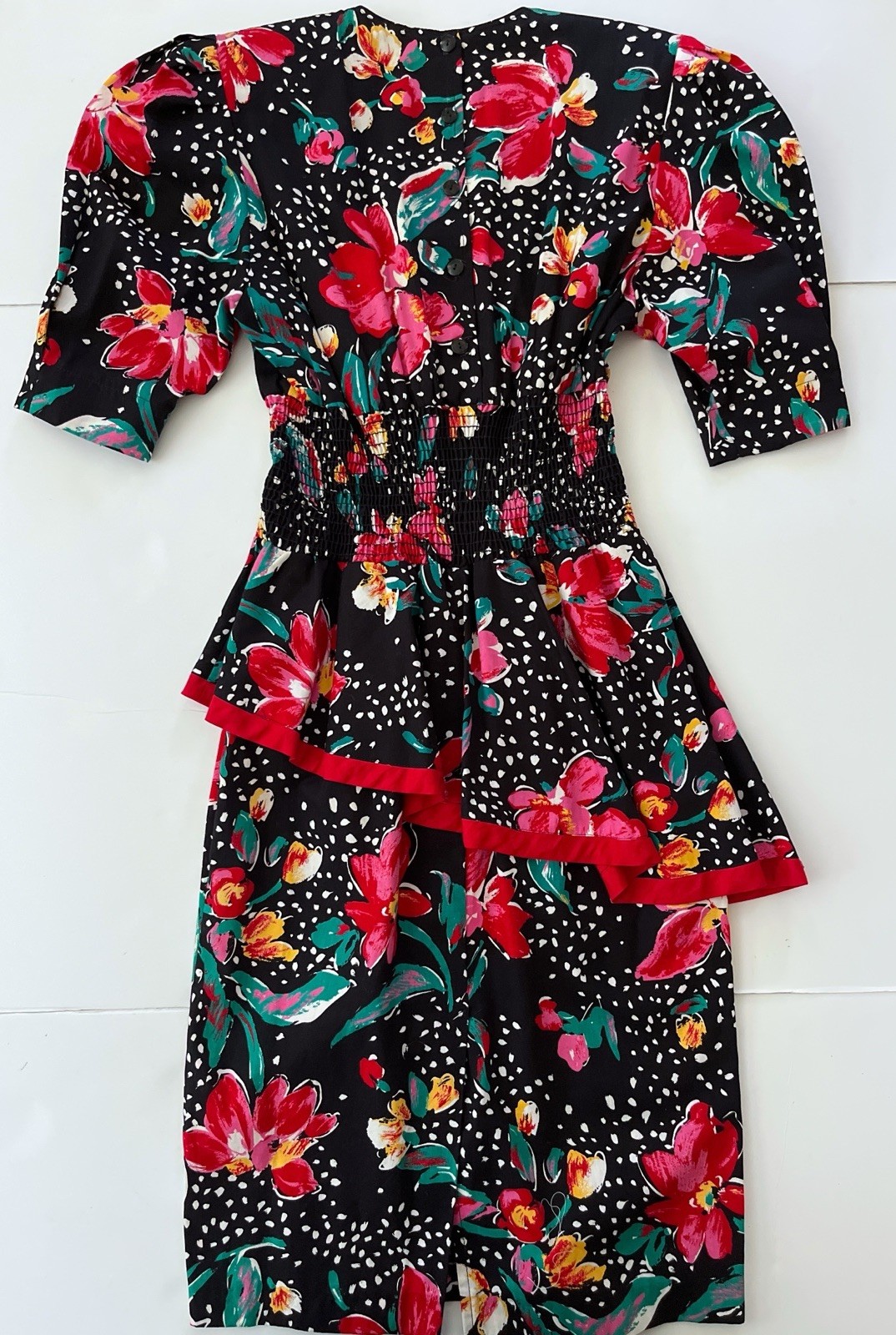 Vtg 80s Choon California USA Dress Women 6 Black Floral Print Peplum Cotton