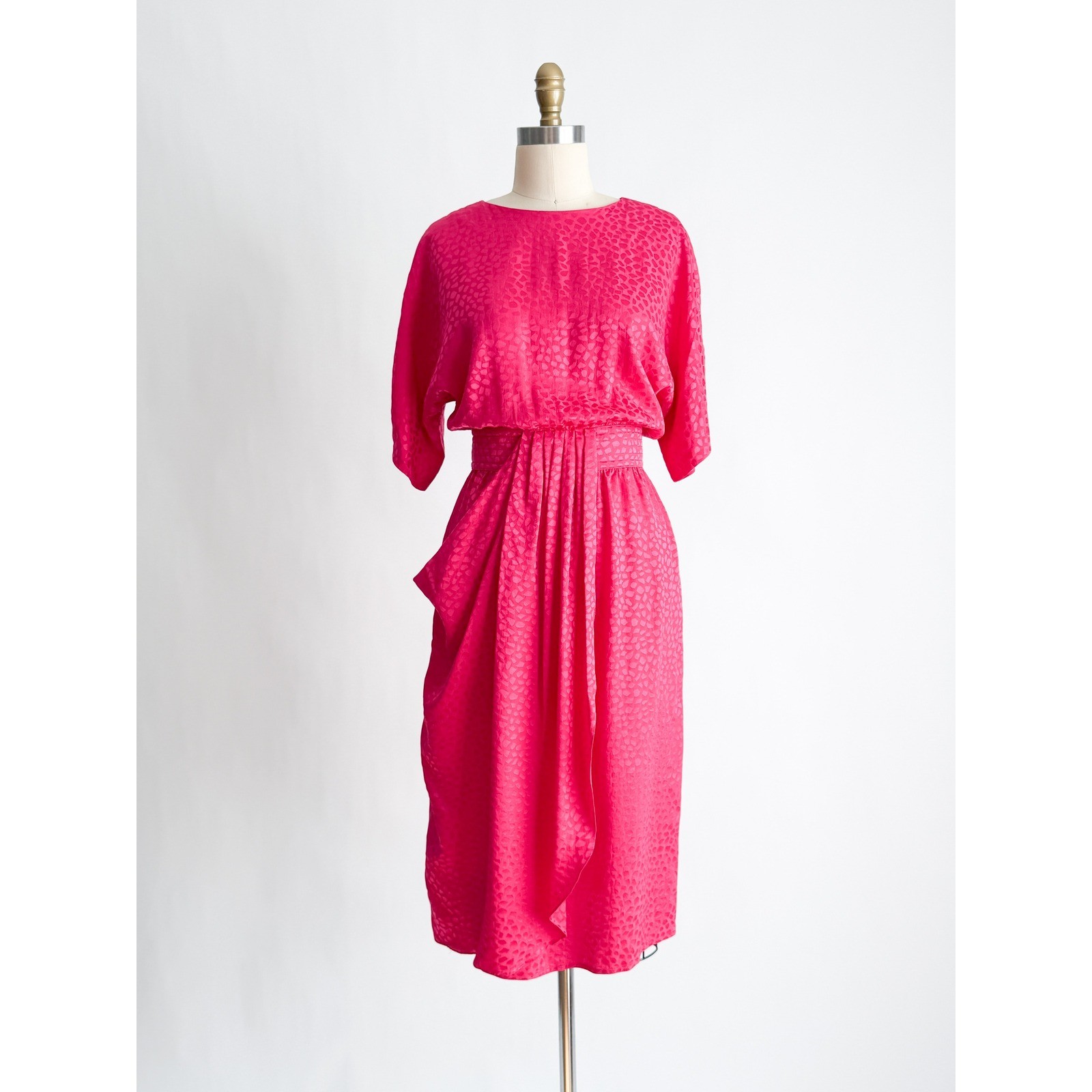 Maggy London Silk Jacquard Midi Dress Vintage 80s Draped Blouson XS Pink Fuchsia