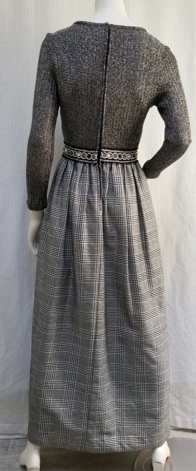 Vintage Black w/ Silver Lurex Rib Knit Glen Plaid Maxi Dress- Size S – EUC