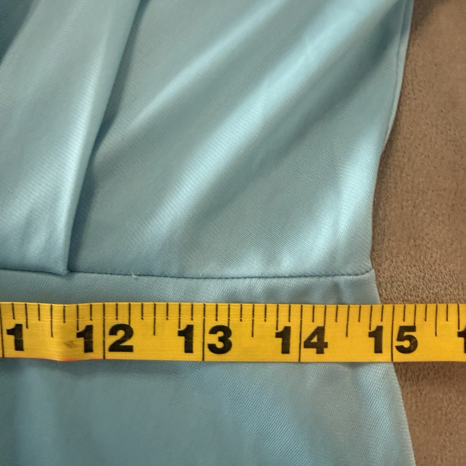 Vintage 70s Blue Housewife Midi Dress Deep Plunge Neckline Wrap Gold Trim S/M**