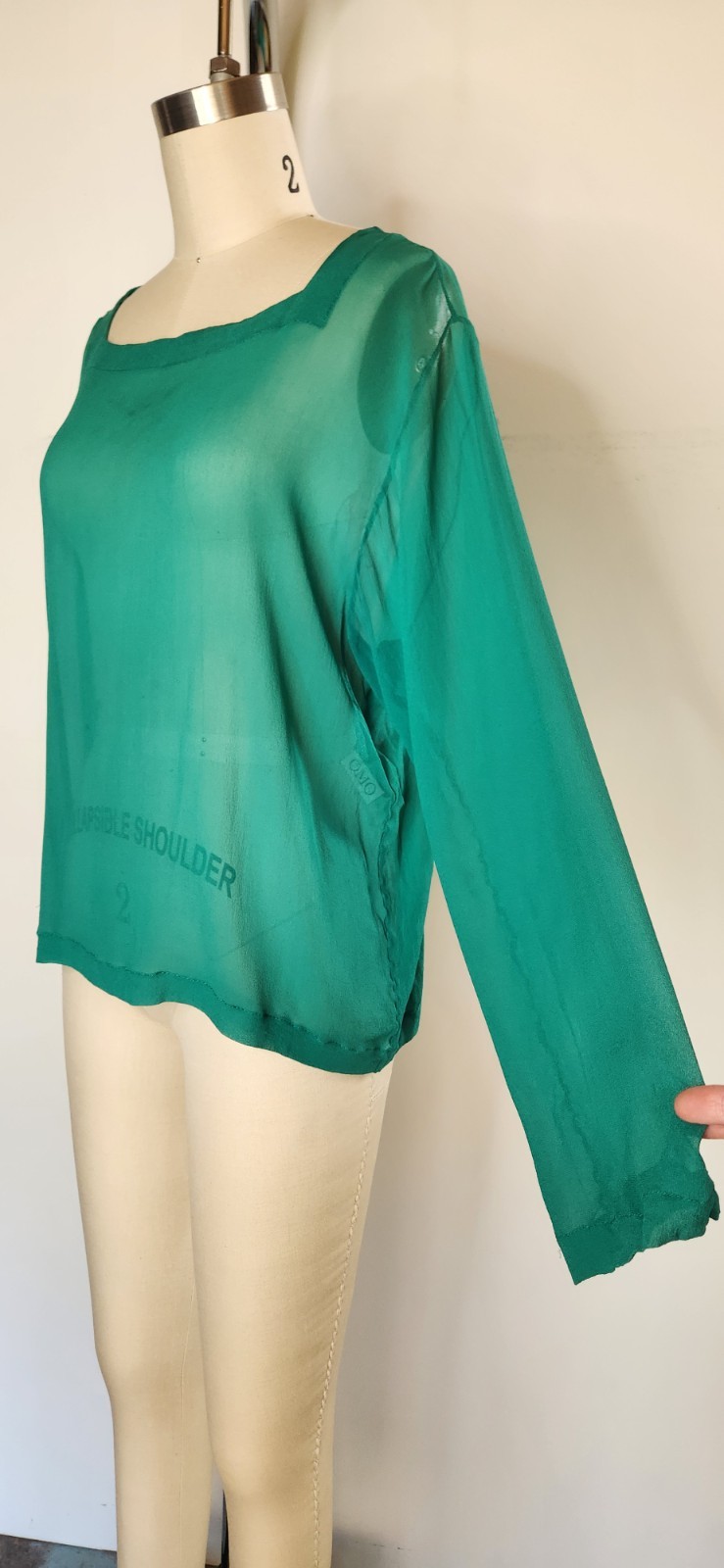 VTG 80s OMO Norma Kamali Green SILK Blouse Top Long Sleeves Sheer Oversized L