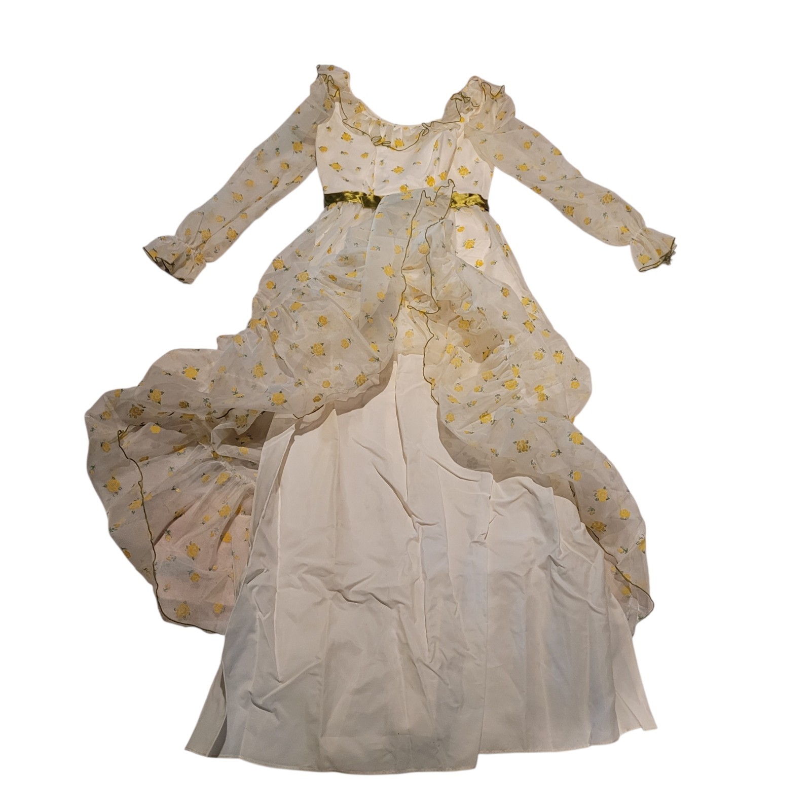 VTG white Yellow Flower Green Ruffle Boho Prairie Maxi Long Sleeve Dress 9 Prop