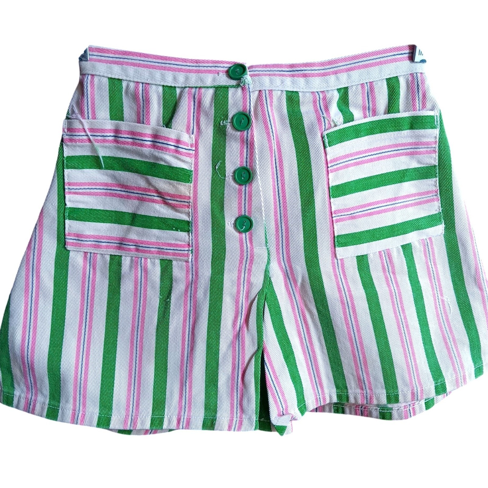 True Vintage Shorts 22″ 22W 1960’s Green Pink Striped High-Waisted Buttonfly