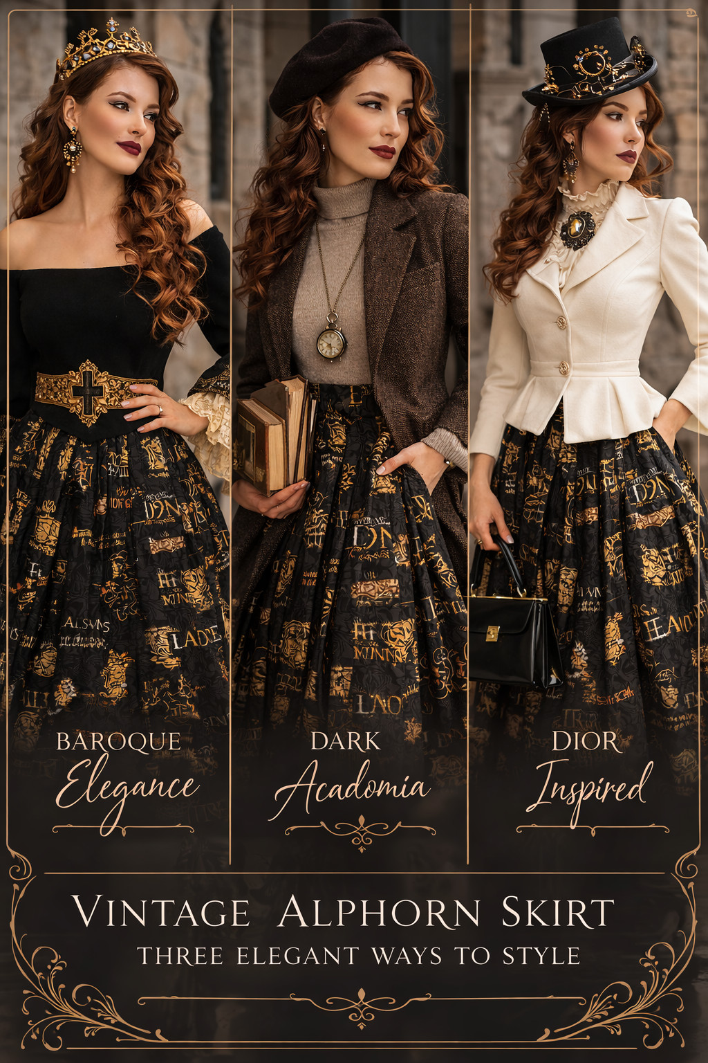 Vintage costume skirt Alphorn 44 46 black gold Baroque print pleated skirt midi