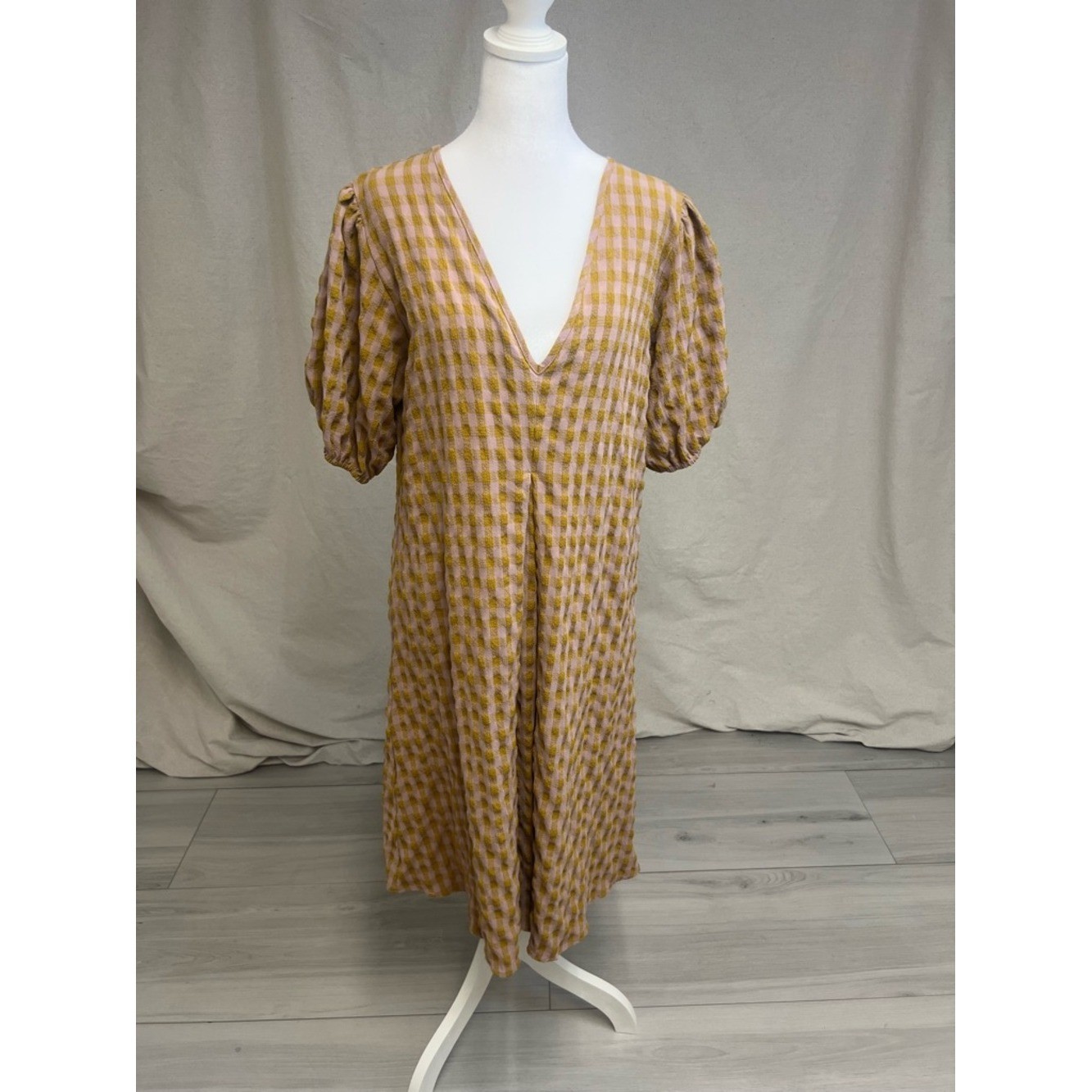 Reminiscence Gingham 3/4 Sleeve V-Neck Midi Dress Mustard Pink Sz XL Cottagecore