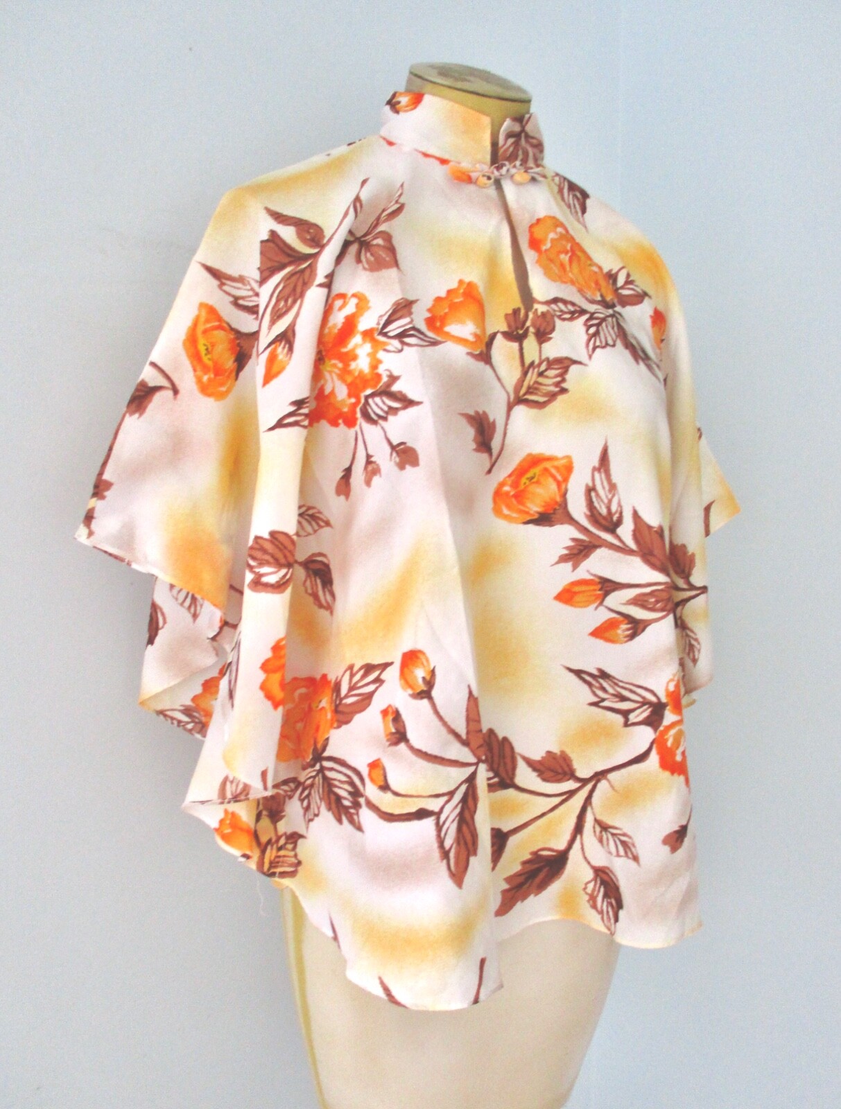 Vtg 60s 70s Hawaiian Palm Silky Poncho Cape Blouse Batwing Top Asian-Inspired M