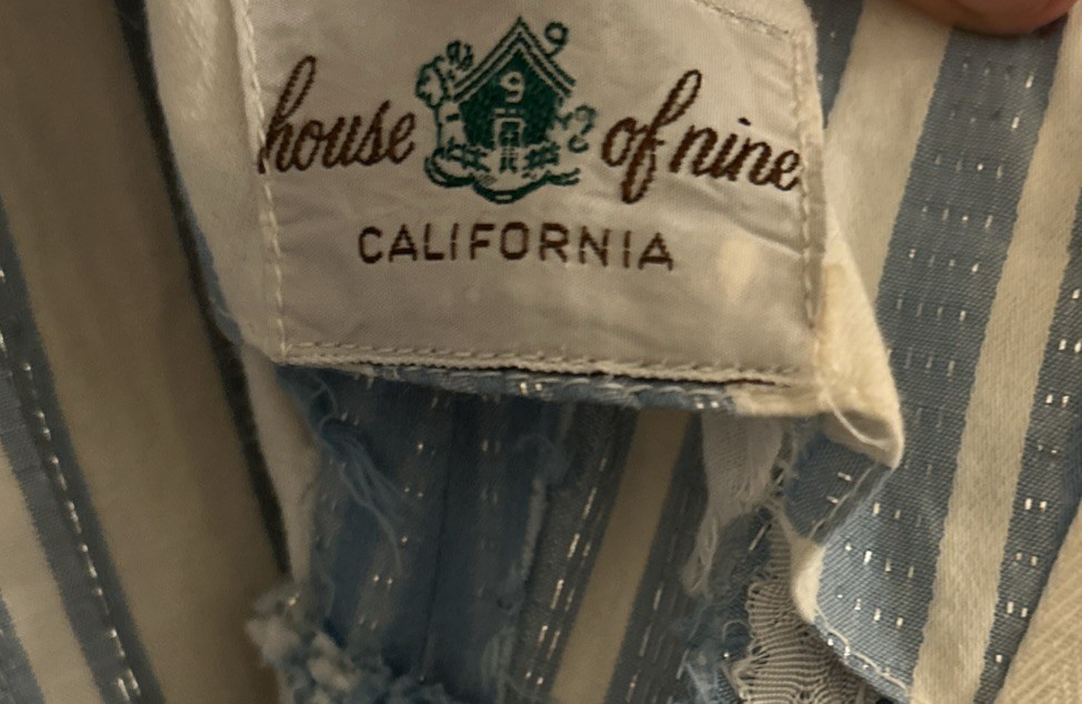 Vtg 50s HOUSE OF NINE California Original Blue and Cream Stripes Ruffled Back Sm