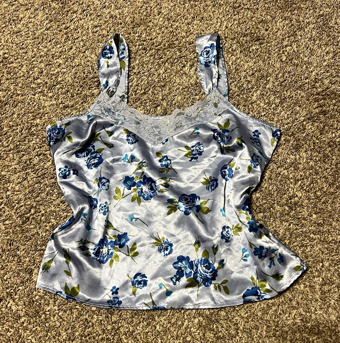 Vintage Atlas Classics S Satin Floral Camisole Tank Top Light Blue Lace Trim