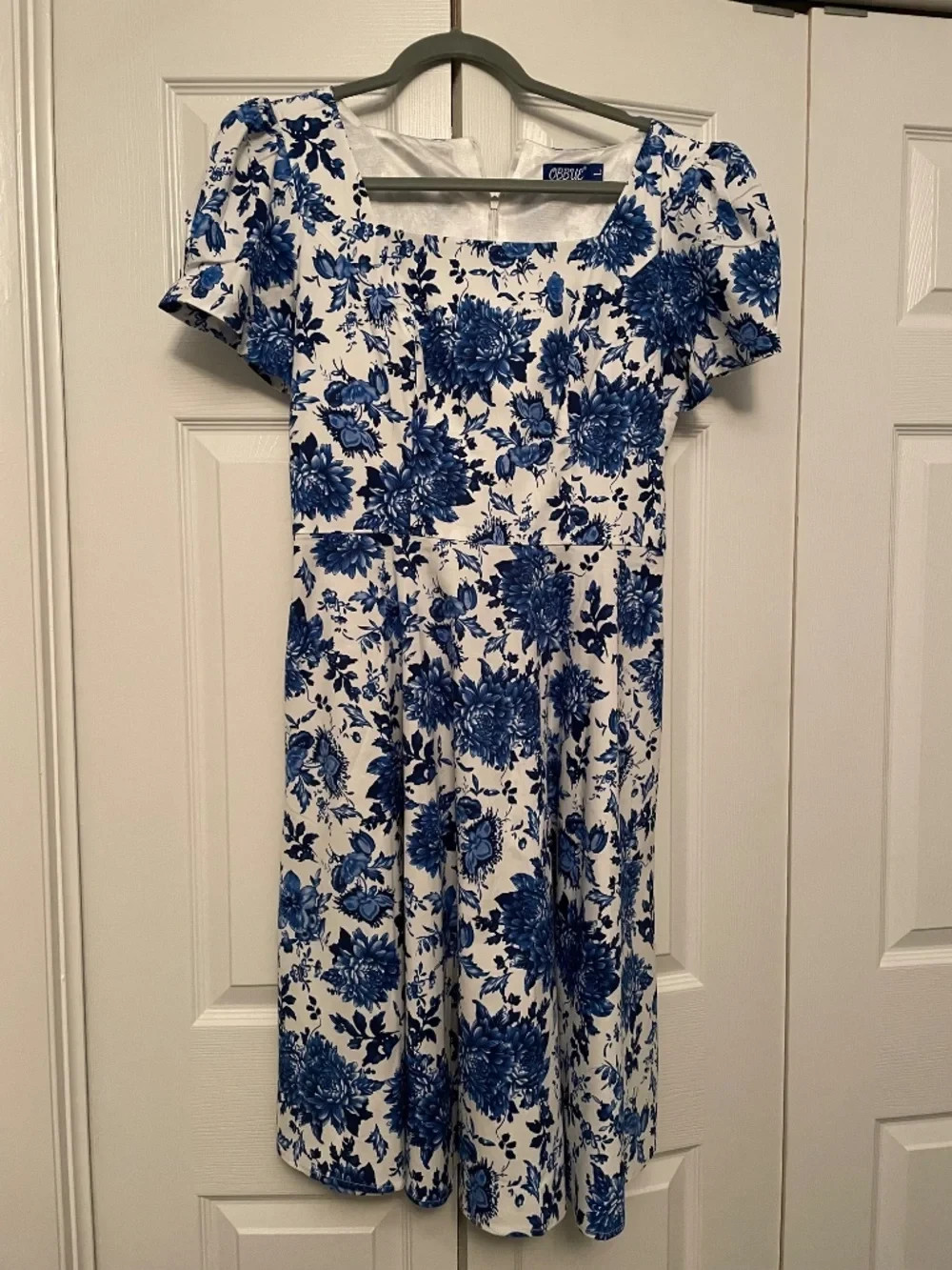 OBBUE Women’s Blue White Floral 1950s Swing Dress Large with Belt & Pockets
