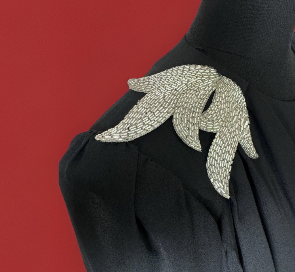 Vintage 1980s Beaded Shoulder Power Dress | Black Draped | Cocktail Office Siren