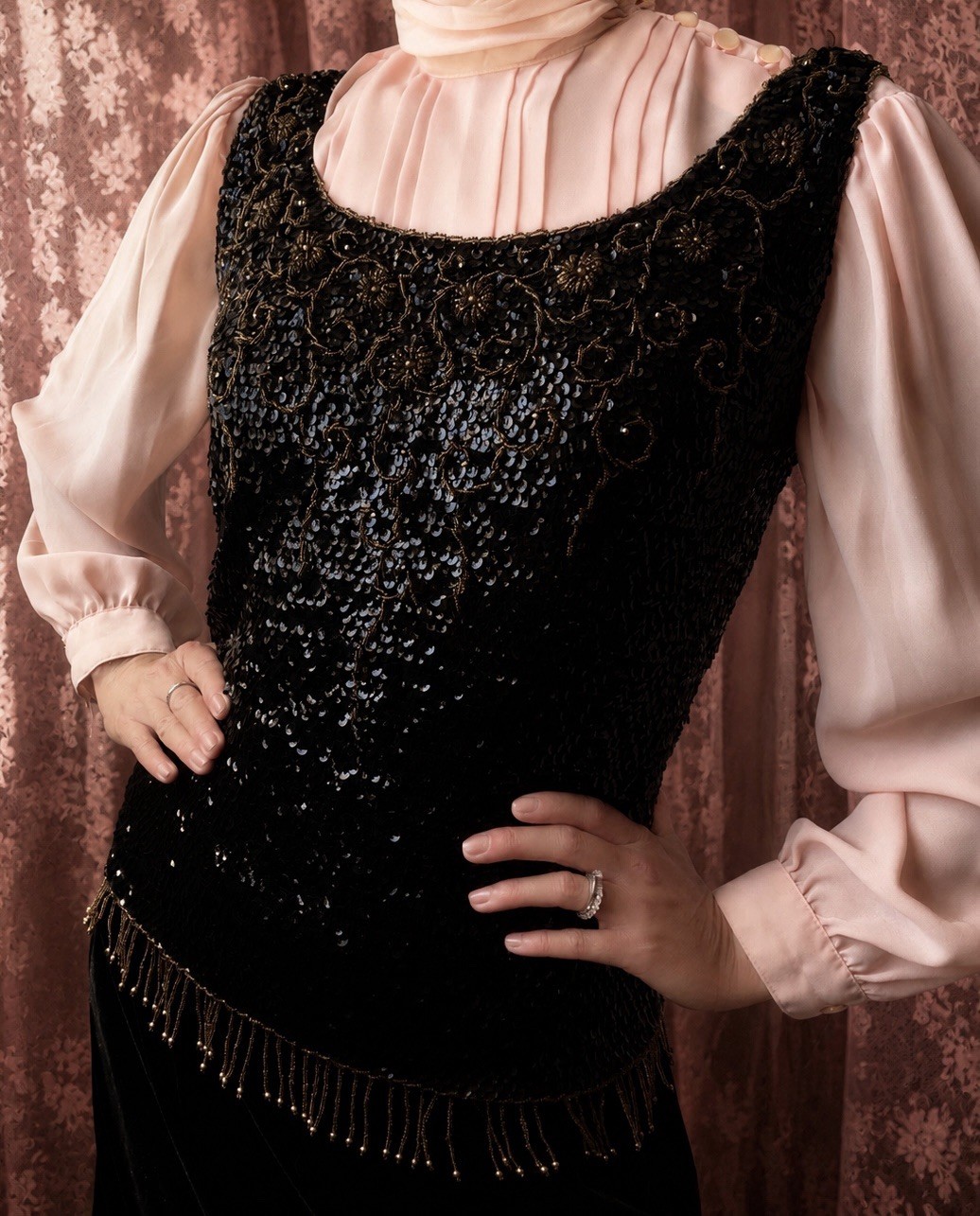 1920s Black + Metal brass beaded Art deco opera top